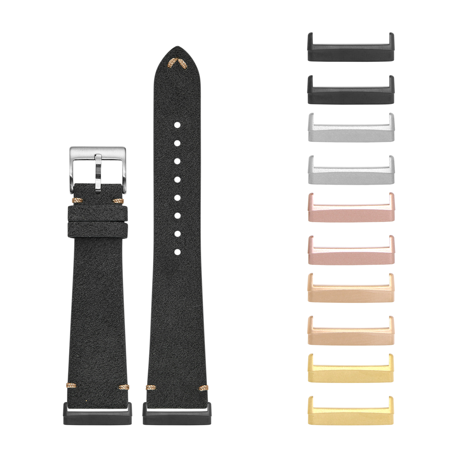 Black alcantara leather watch band with metal buckle and interchangeable lugs in multiple finishes for Fitbit Versa and Sense