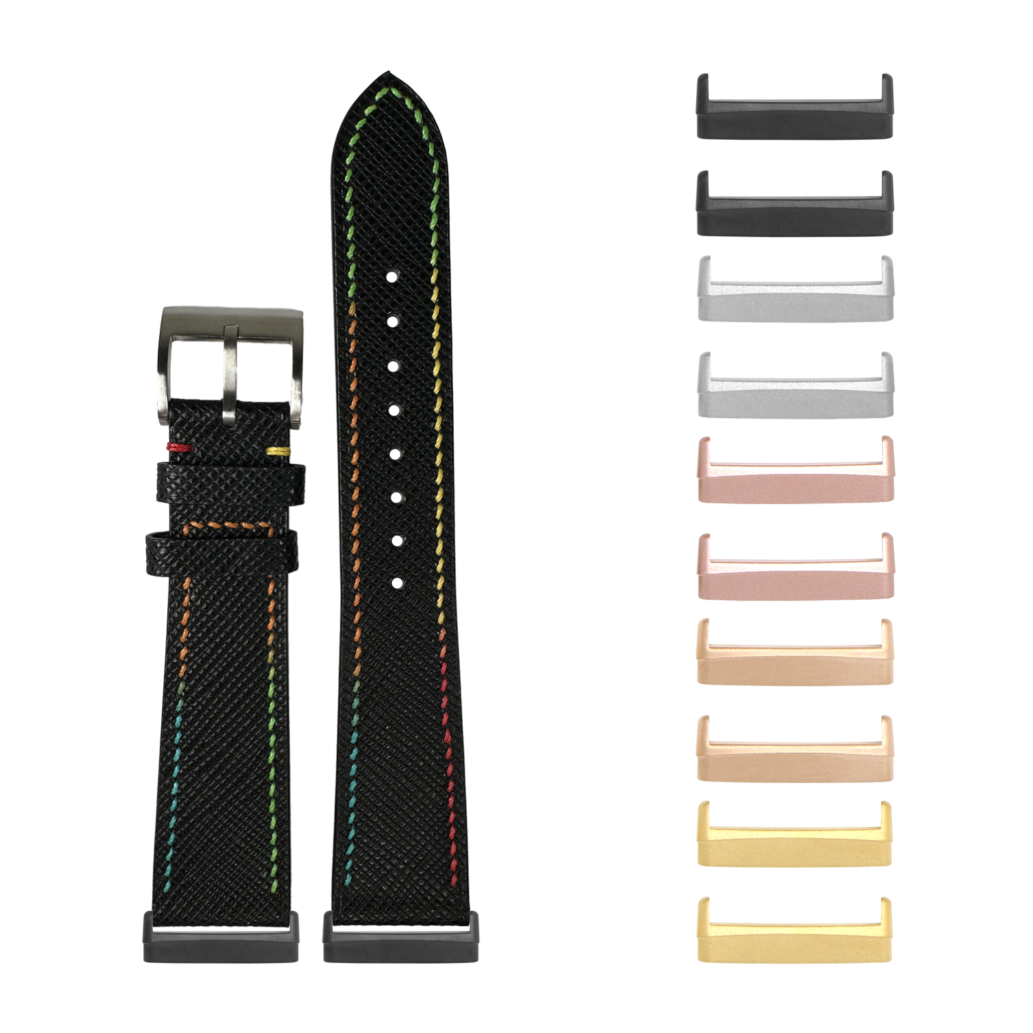 Black canvas watch band with rainbow stitching and interchangeable metal lugs for Fitbit Versa 3, Versa 4, Sense 1, and Sense 2 smartwatches