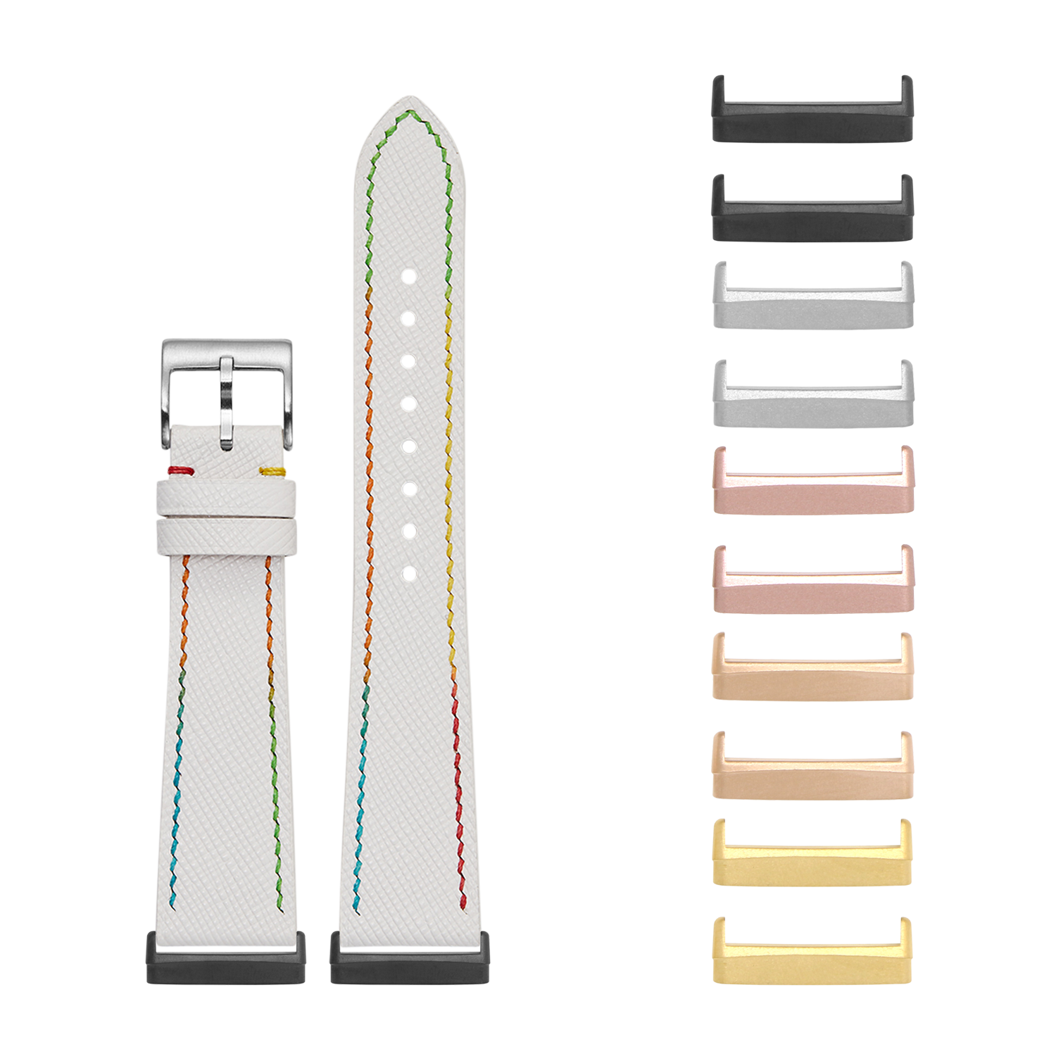 Interchangeable watch band set for Fitbit Versa and Sense with white saffiano leather and colorful rainbow stitching plus multiple metal lugs
