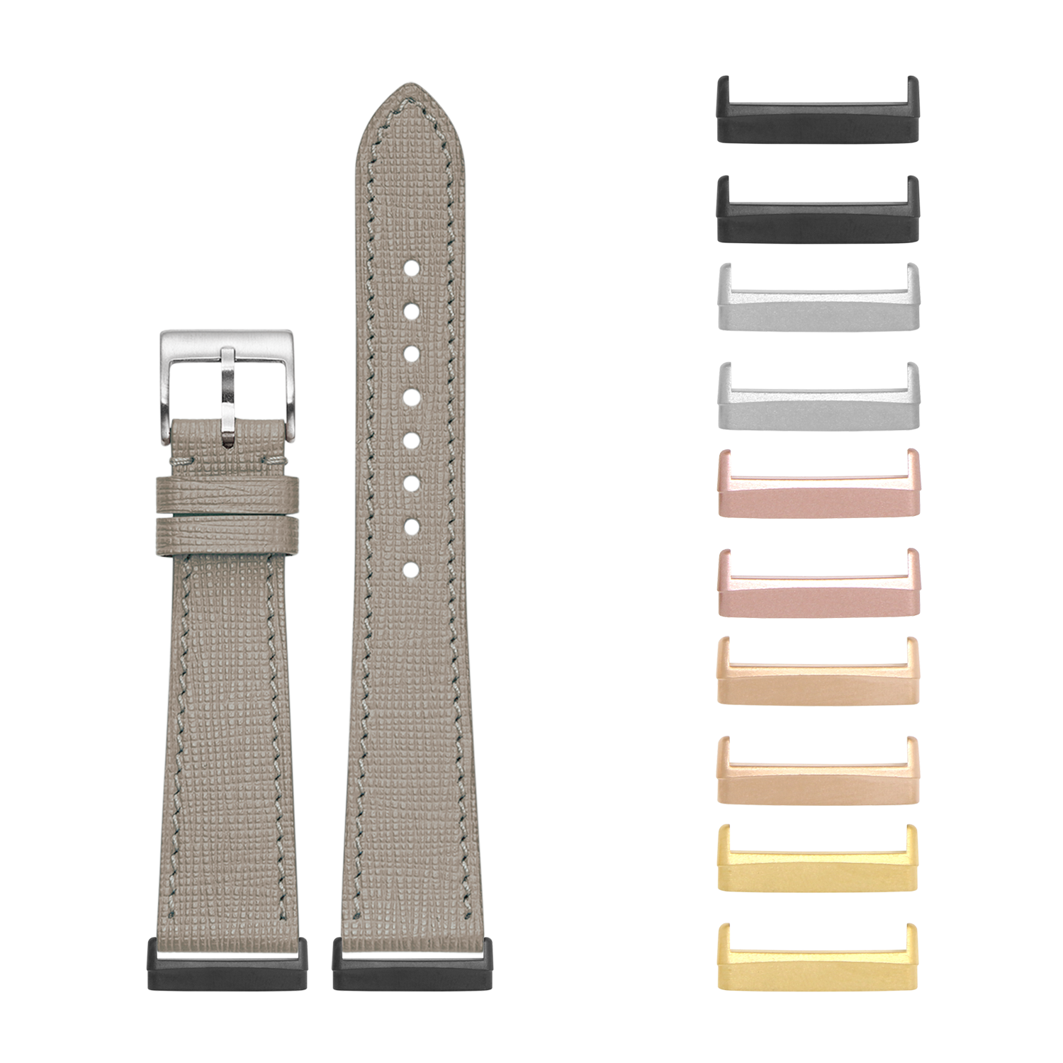 Taupe grey Saffiano leather watch band with interchangeable metal lugs in multiple finishes for Fitbit Versa and Sense smartwatches