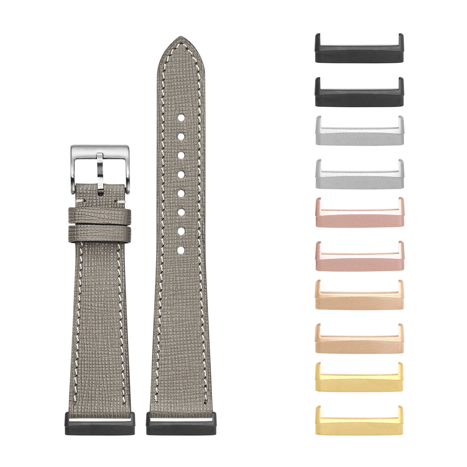 Taupe grey saffiano leather smartwatch band with white stitching and interchangeable metal lugs in multiple finishes for Fitbit Versa and Sense