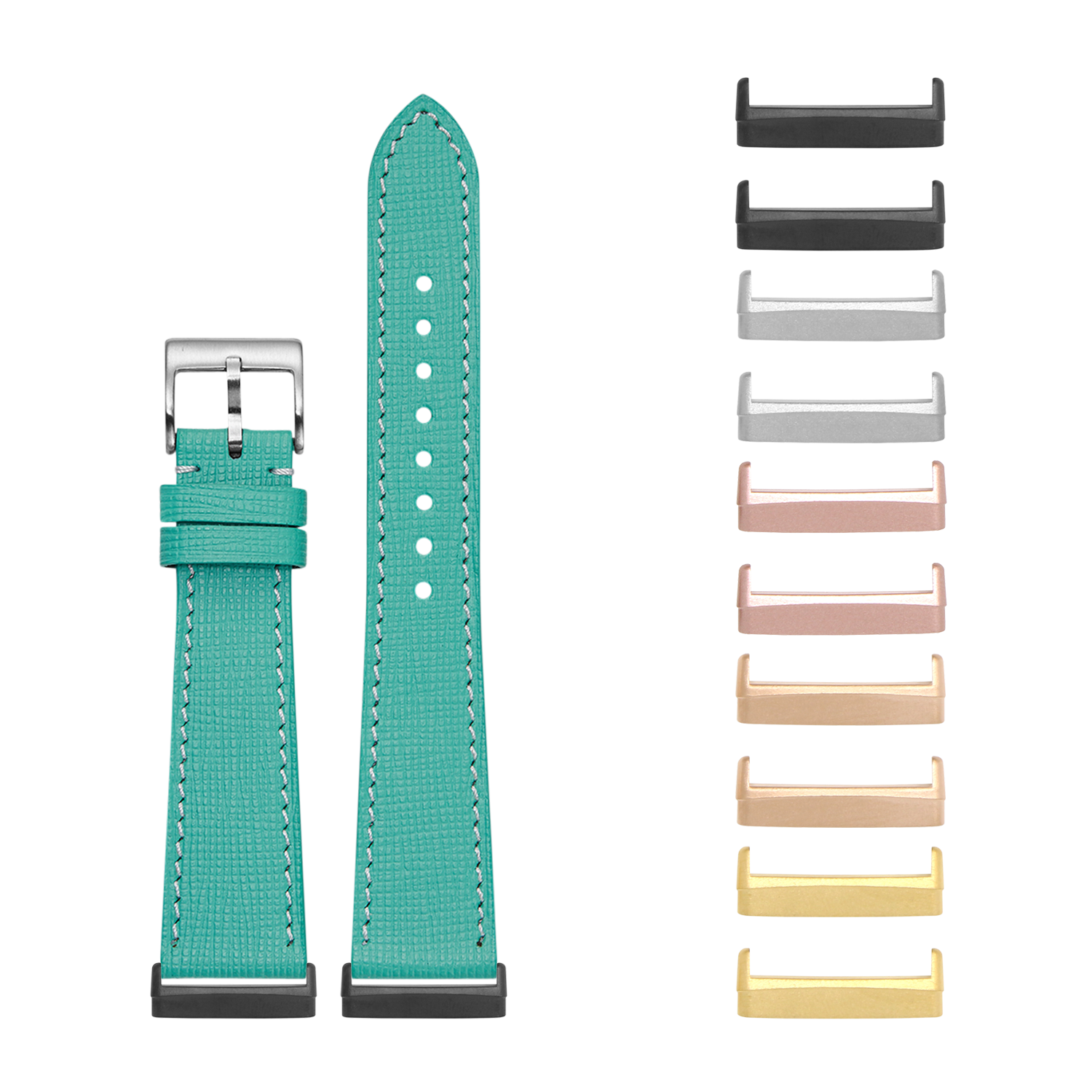 Tiffany blue textured watch band with white stitching and multiple interchangeable metal bezels in black, gold, rose gold, and silver for Fitbit Versa and Sense smartwatches