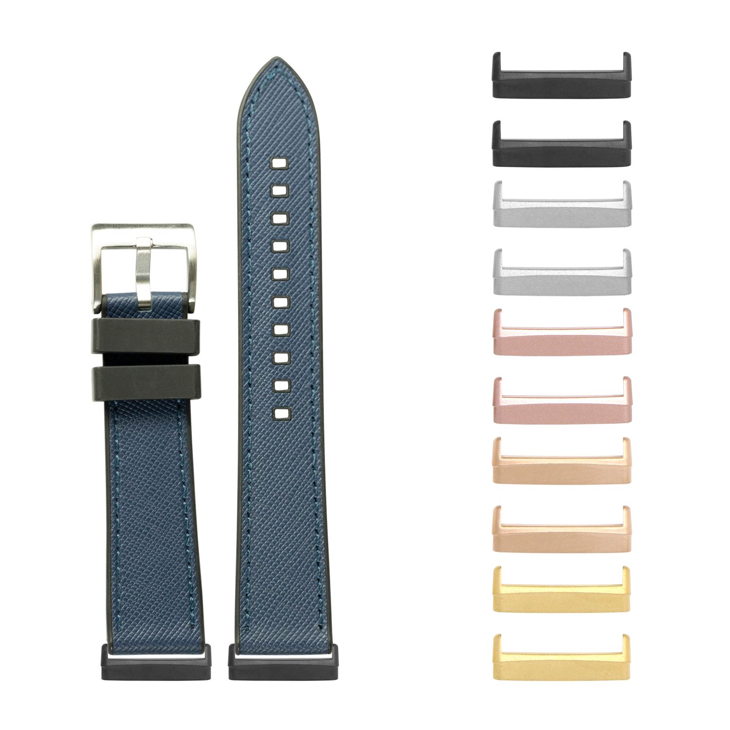 Blue saffiano leather watch band with interchangeable metal adapters in multiple colors for Fitbit Versa and Sense smartwatches