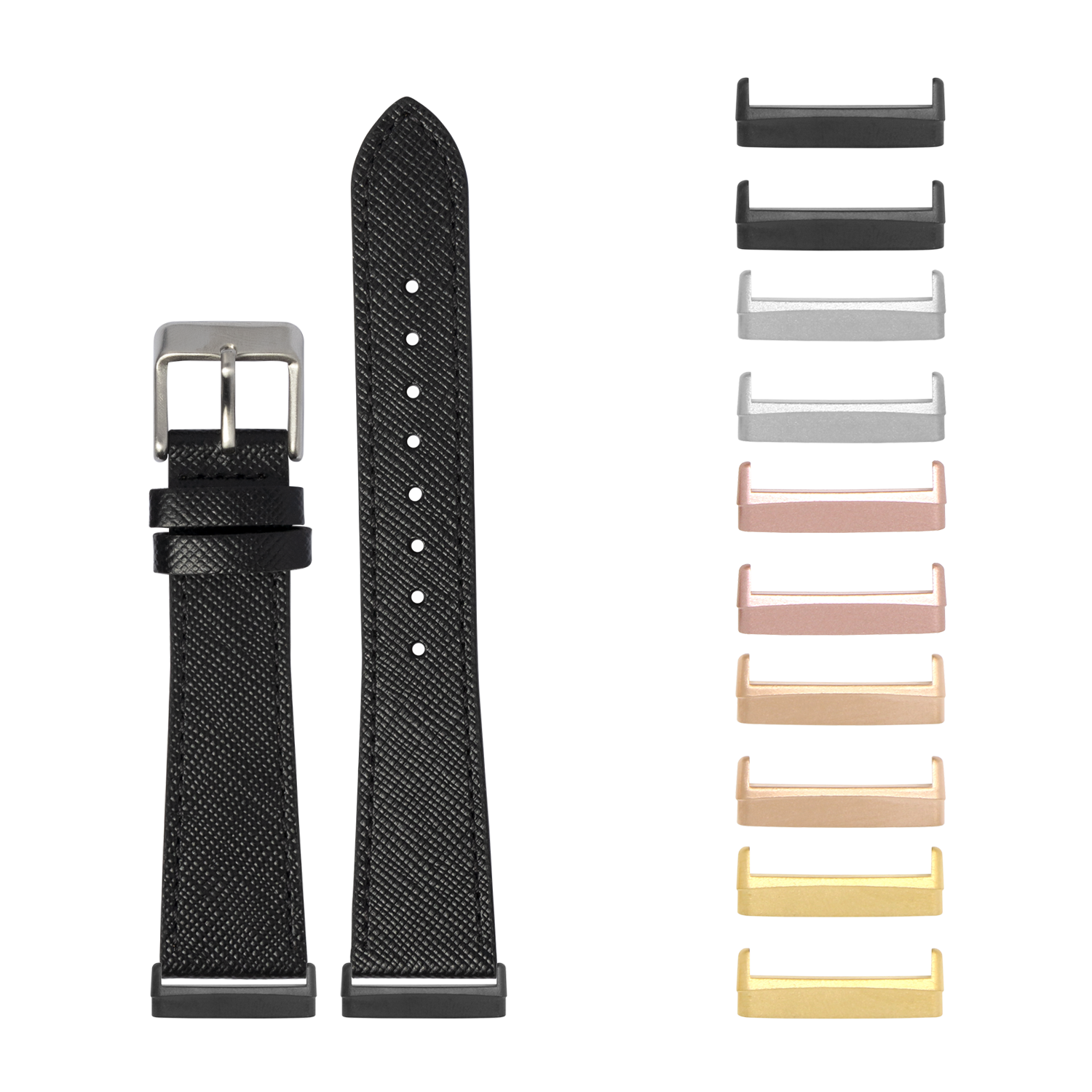 Black saffiano leather smartwatch band with silver buckle and interchangeable metal adapters in multiple finishes for Fitbit Versa and Sense
