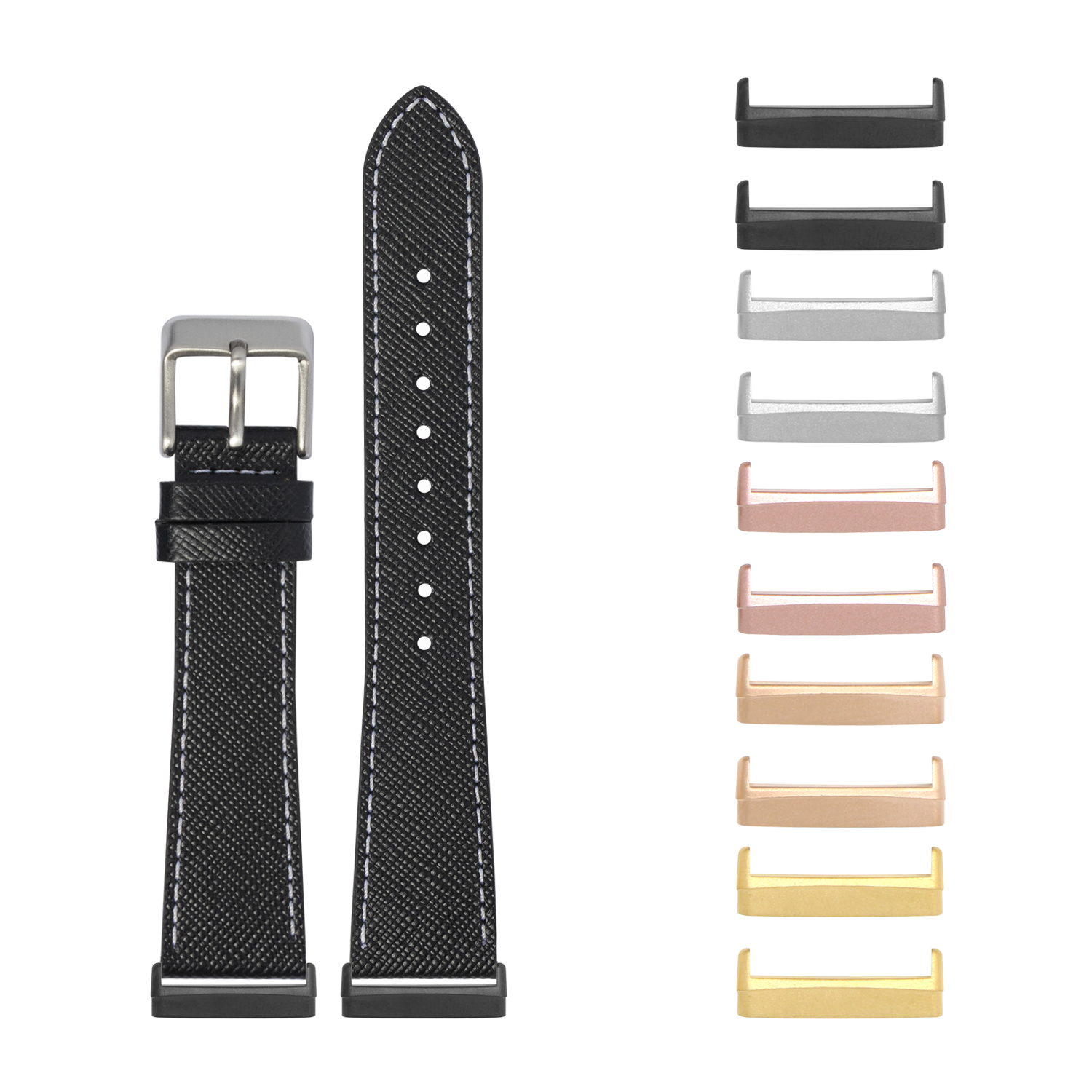Black saffiano leather watch band with white stitching and interchangeable metal bezels in multiple colors for Fitbit Versa and Sense