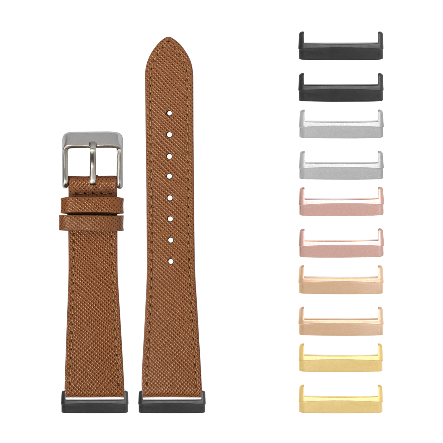Brown saffiano leather smartwatch band with interchangeable metal adapters in multiple finishes for Fitbit Versa and Sense