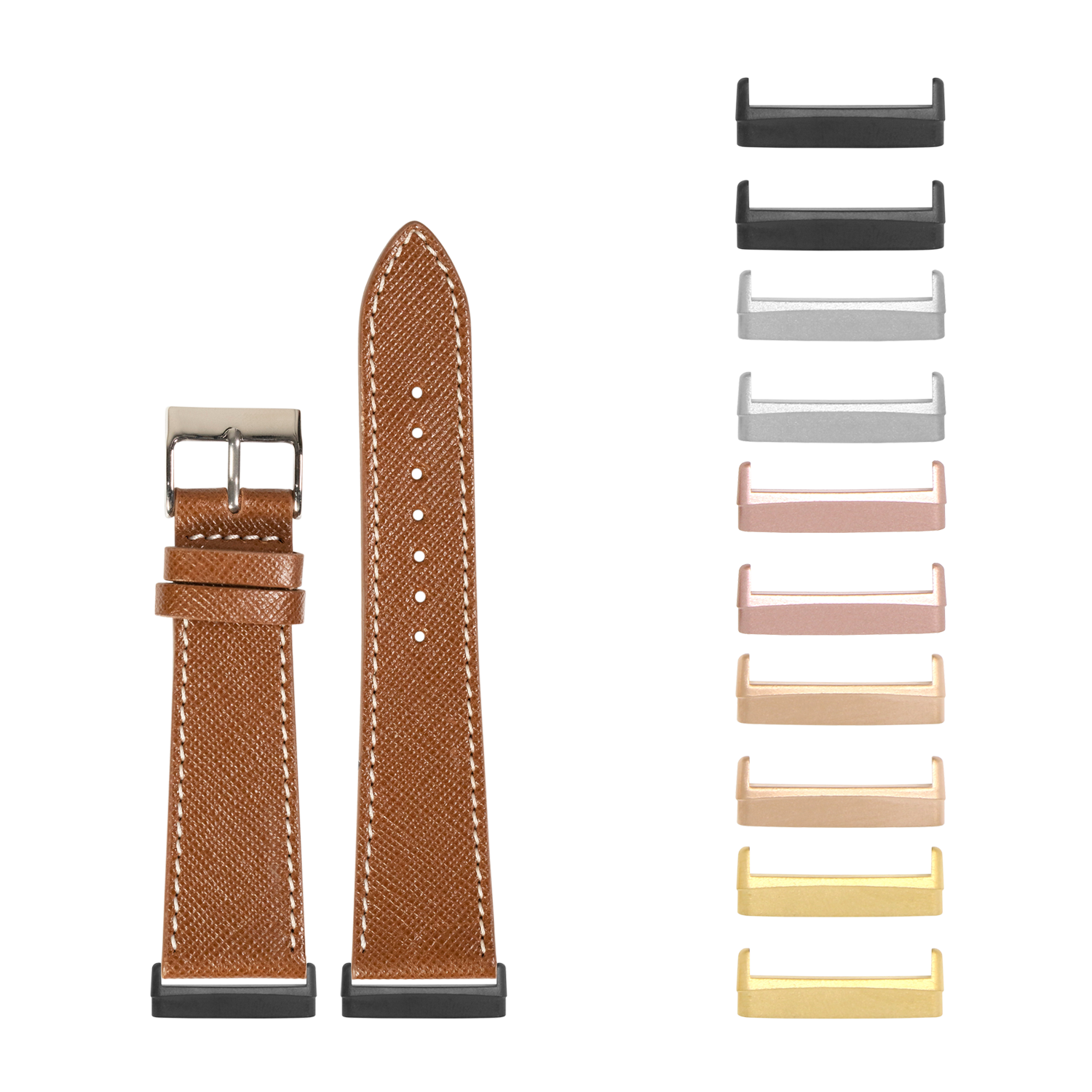 Saffiano leather smartwatch band in cognac brown with white stitching, shown with interchangeable metal lugs in multiple finishes
