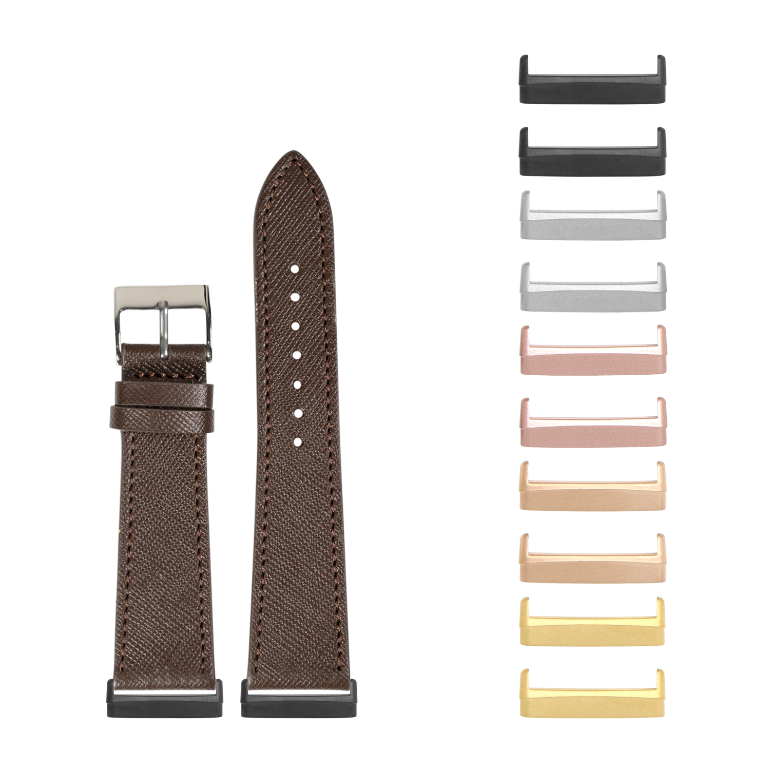Brown saffiano leather smartwatch band with interchangeable metal lugs in multiple finishes for Fitbit Versa and Sense models