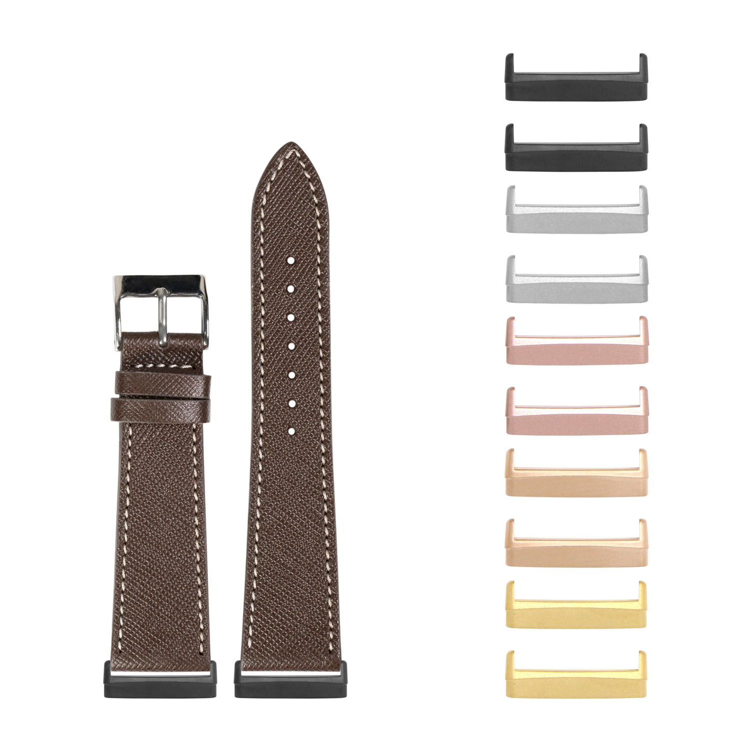 Brown saffiano leather smartwatch band with white stitching and interchangeable metal lugs in multiple finishes