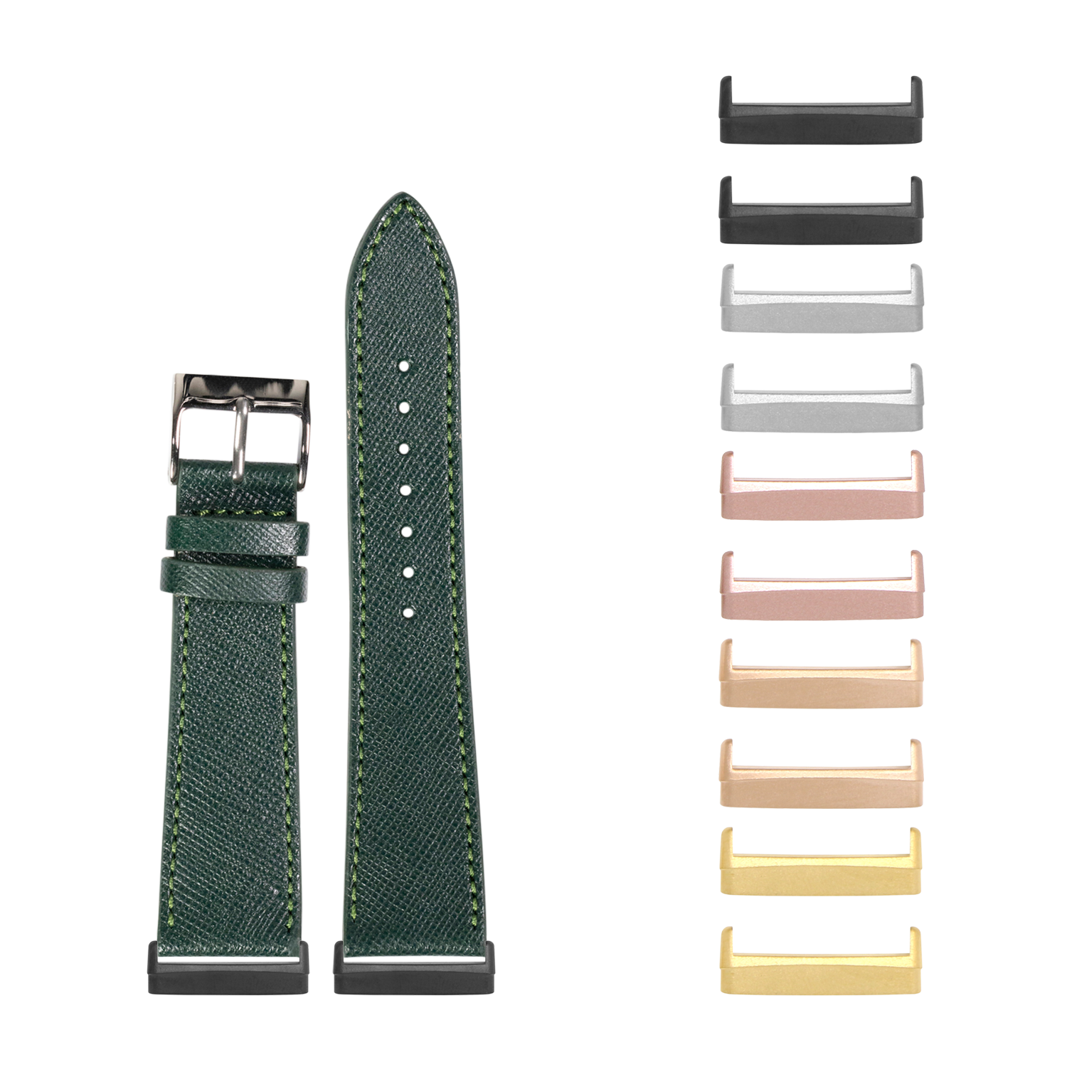 Forest green saffiano leather watch band with interchangeable metal lugs in multiple colors for Fitbit Versa and Sense smartwatches