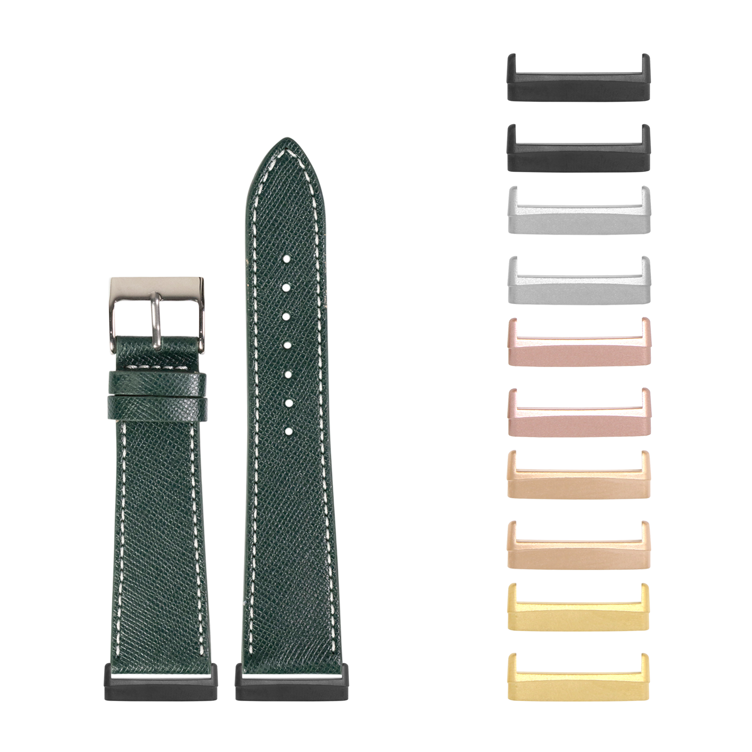 Green saffiano leather watch band with white stitching and interchangeable metal hardware in multiple finishes for Fitbit Versa and Sense smartwatches