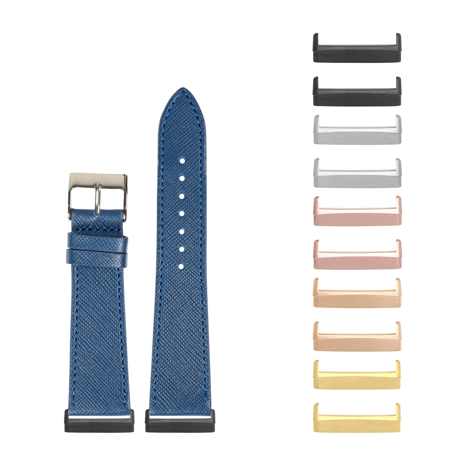 Blue saffiano leather watch band with interchangeable metal lugs for Fitbit Versa 3, Versa 4, Sense 1 and Sense 2 smartwatches