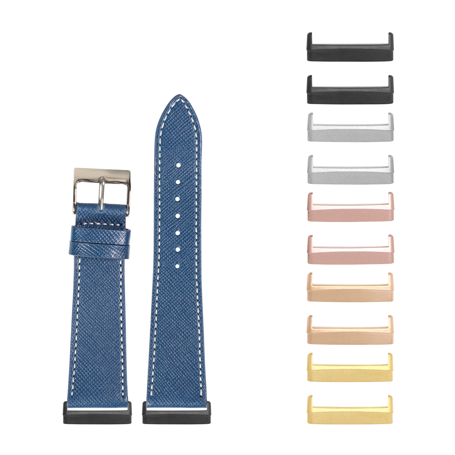 Blue saffiano leather smartwatch band with white stitching and interchangeable metal lugs in multiple finishes for Fitbit Versa and Sense