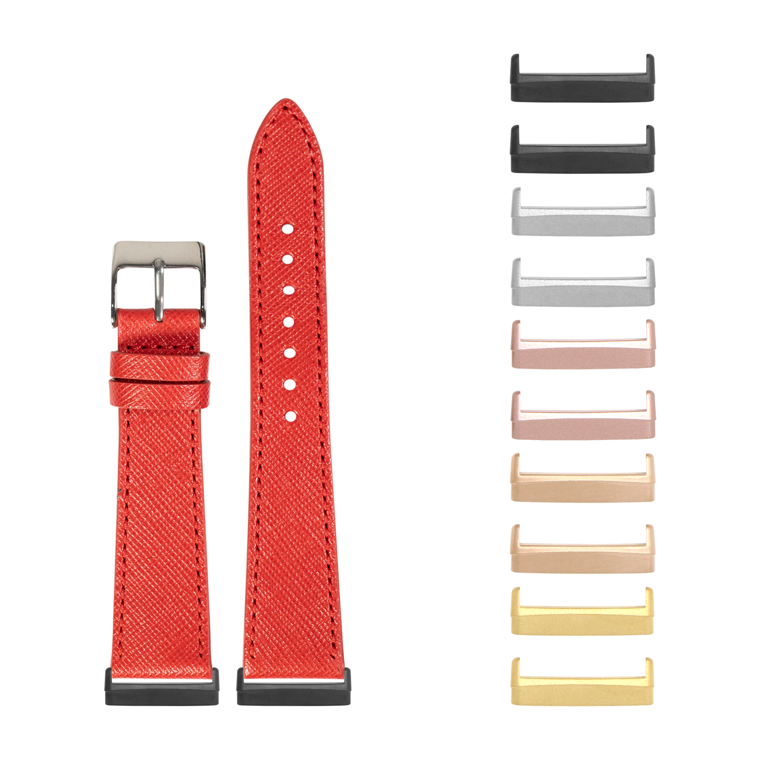 Red saffiano leather smartwatch band with interchangeable metal adapters in multiple finishes for Fitbit Versa and Sense
