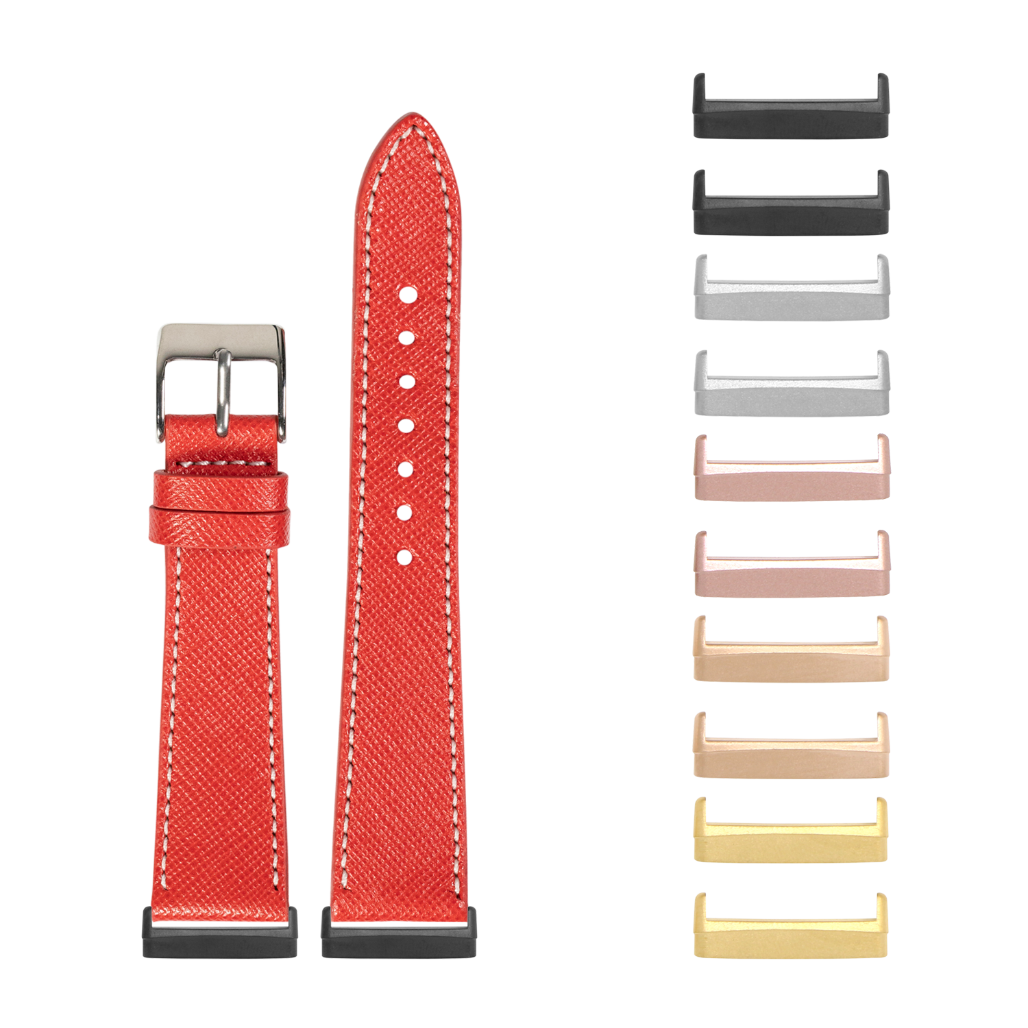 Red saffiano leather smartwatch band with white stitching and interchangeable metal lugs for Fitbit Versa and Sense models