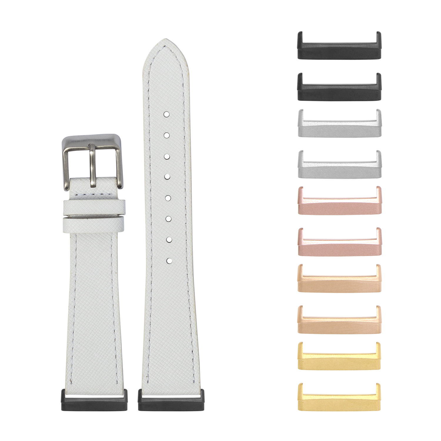 White saffiano leather watch band with silver buckle and interchangeable metal lugs in multiple colors for Fitbit Versa and Sense smartwatches