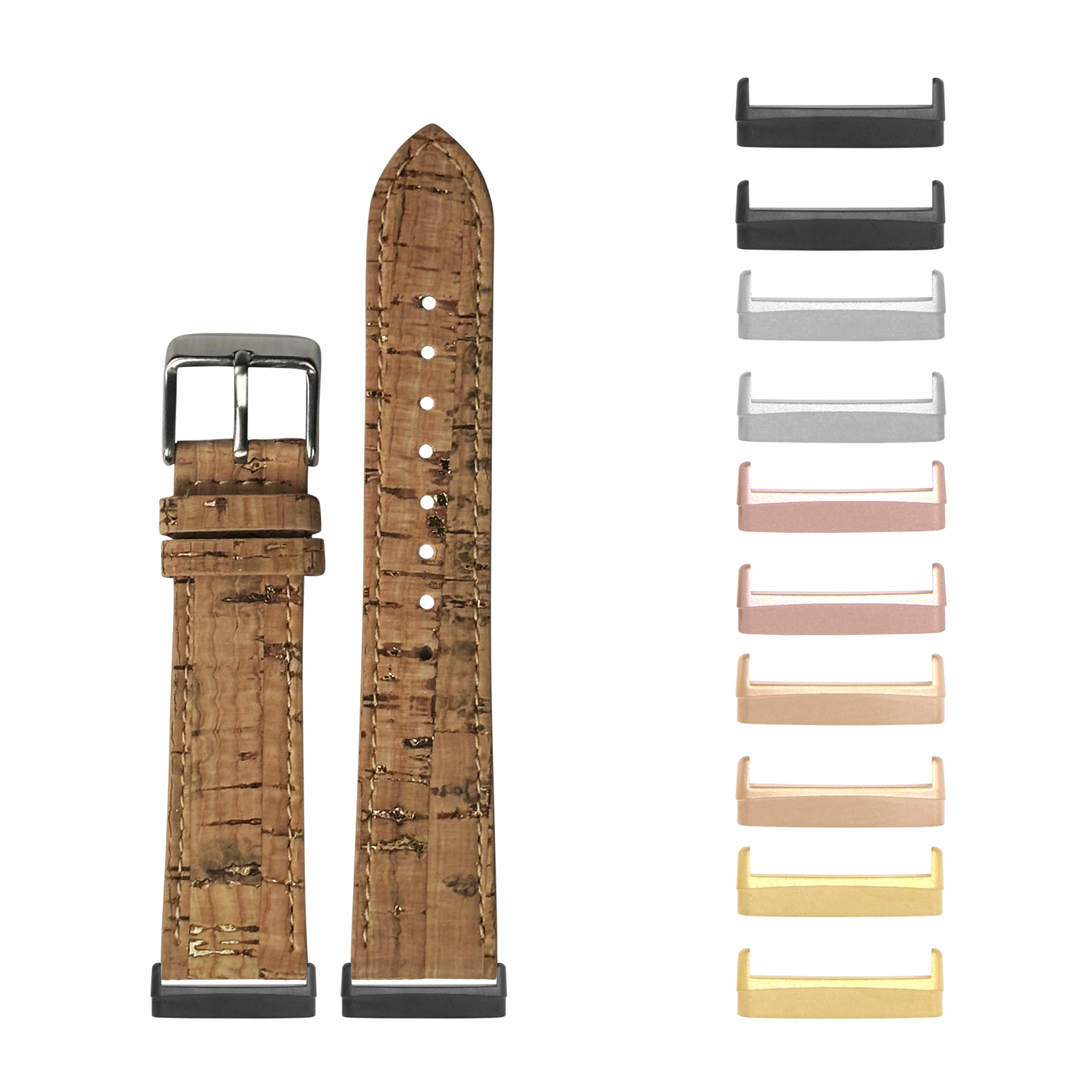 Brown cork vegan leather watch strap with interchangeable metal hardware lugs for Fitbit Versa and Sense smartwatches