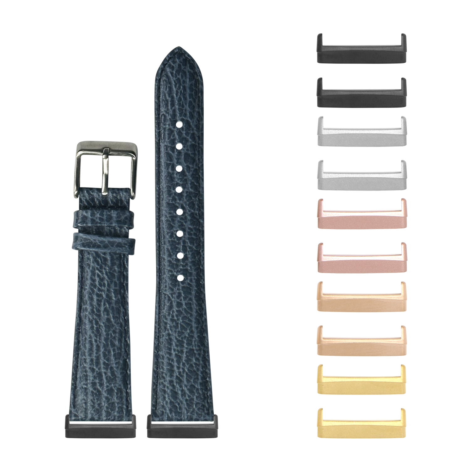 Blue faux sharkskin watch band with interchangeable metal lugs for Fitbit Versa and Sense smartwatches