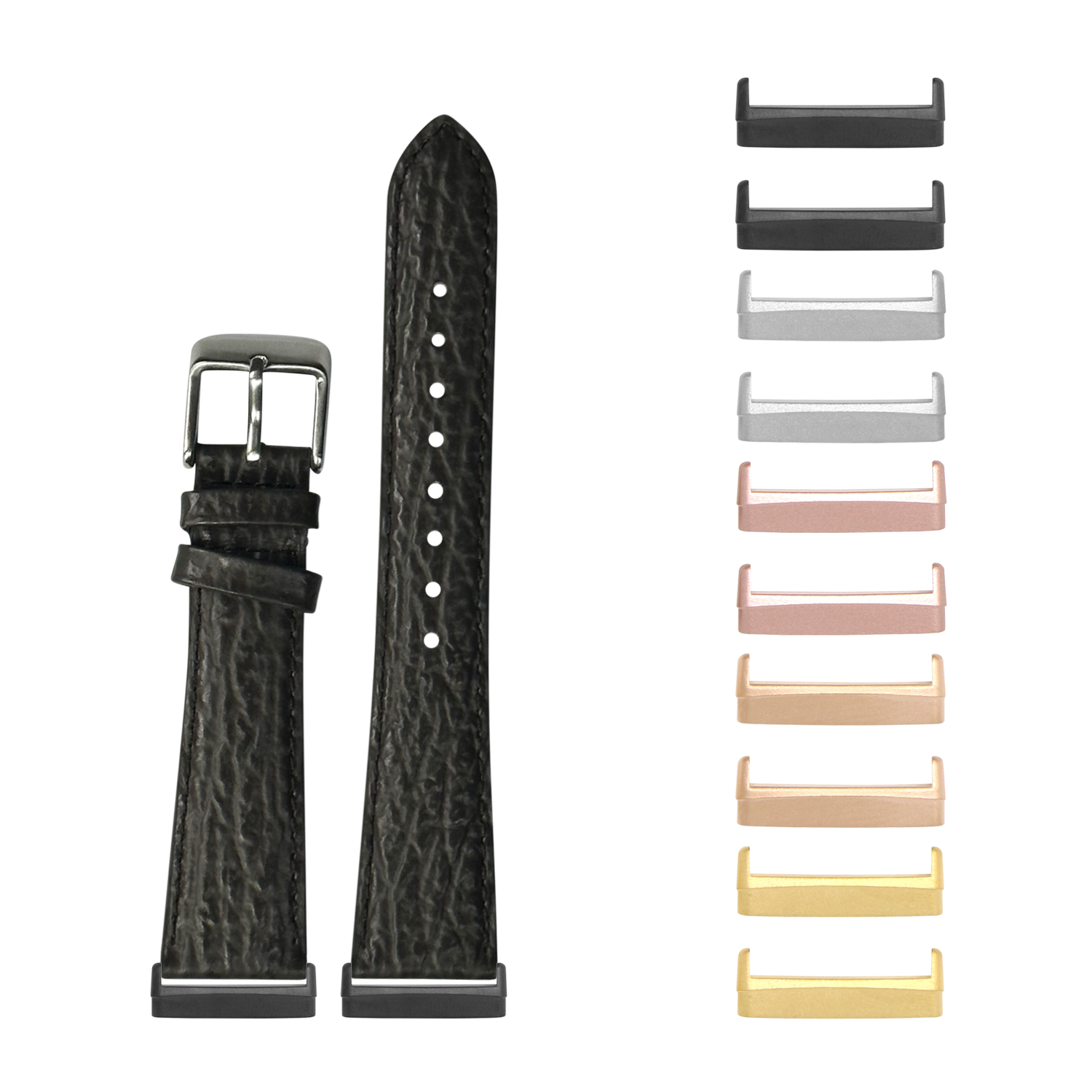 Black faux sharkskin watch band with buckle and interchangeable metal lugs in multiple finishes