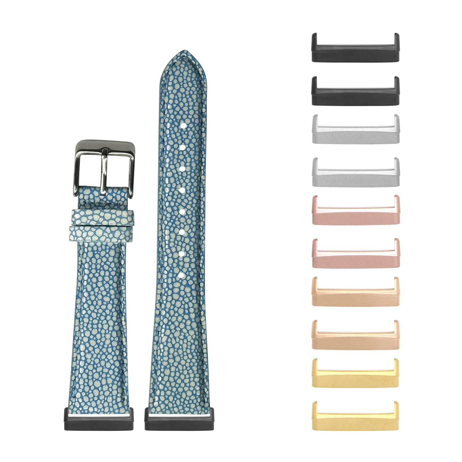 Blue faux stingray textured watch band with interchangeable metal hardware in multiple finishes for Fitbit Versa and Sense smartwatches