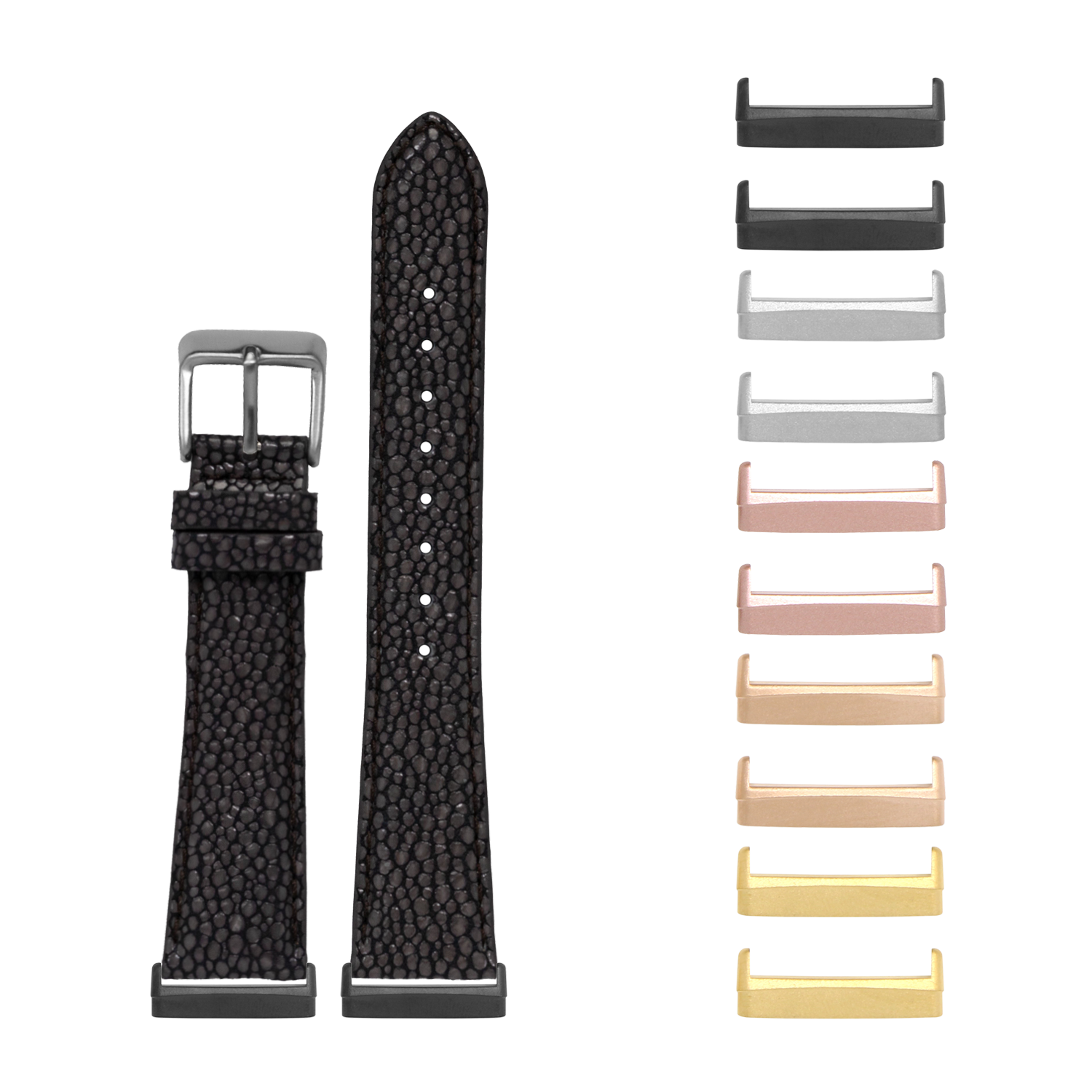 Black faux stingray watch band with interchangeable metal buckle and color options for Fitbit Versa and Sense smartwatches