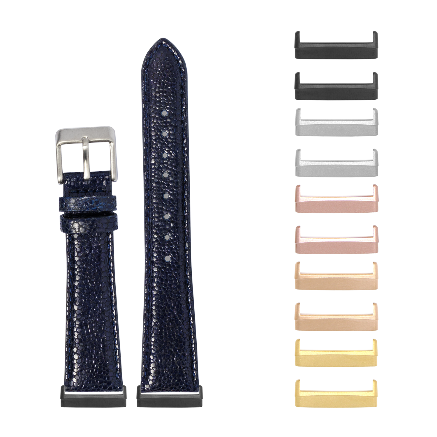 Navy blue faux stingray leather watch band with silver buckle and interchangeable metal lugs in multiple finishes for Fitbit Versa and Sense
