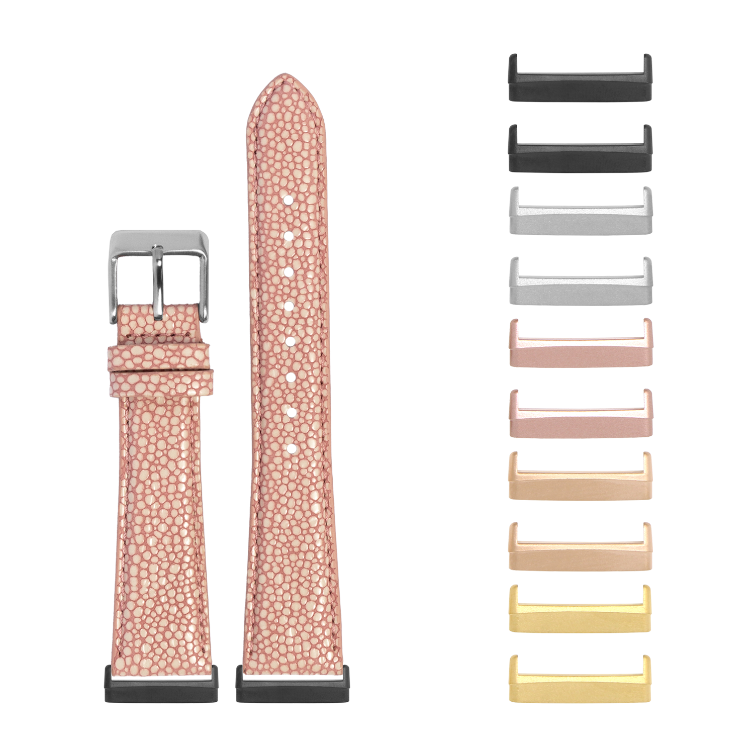 Pink faux stingray Fitbit watch band with interchangeable metal lugs in multiple color finishes