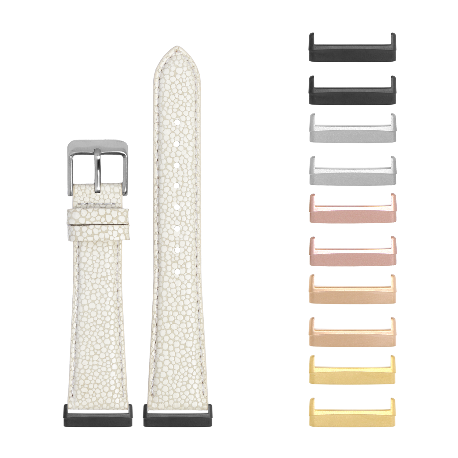 White faux stingray watch band with interchangeable metal lugs in multiple colors for Fitbit Versa and Sense smartwatches