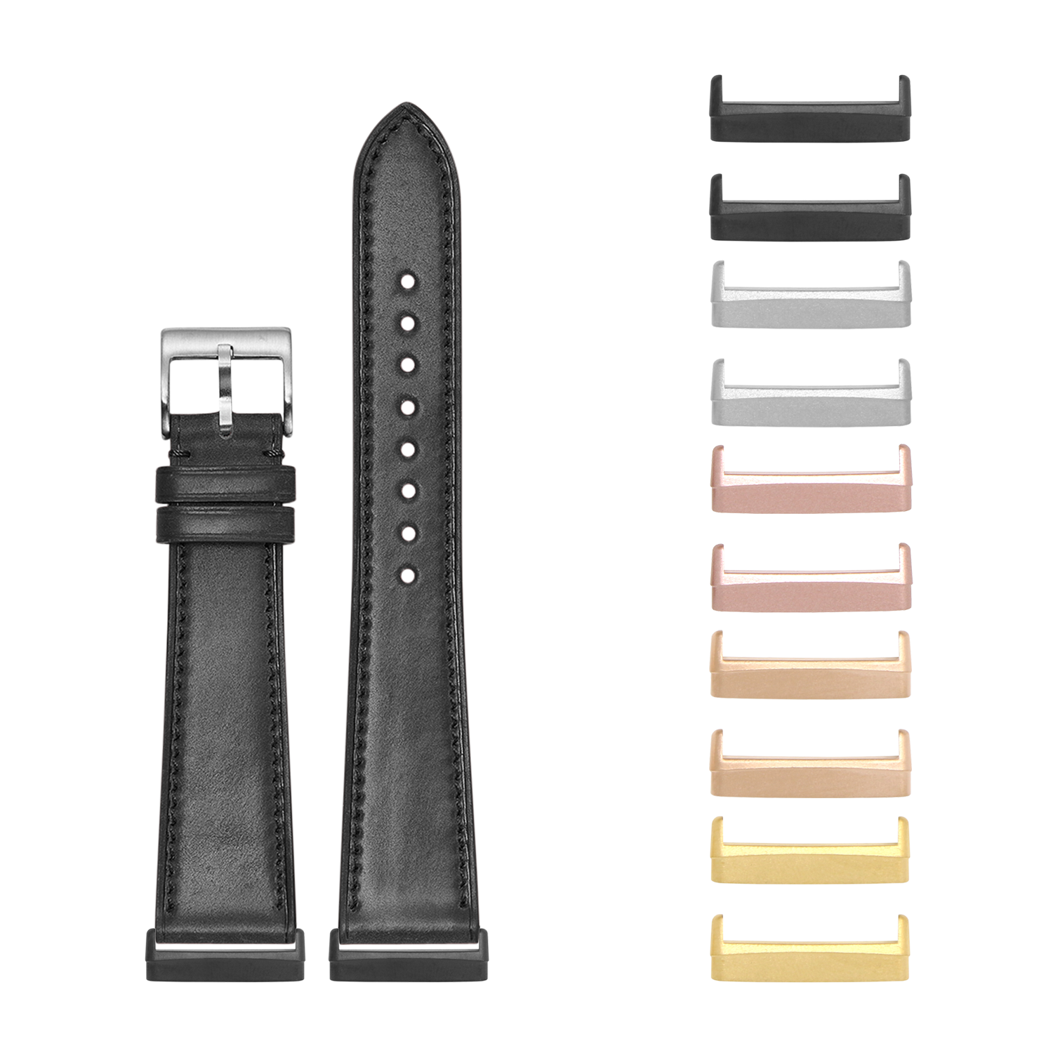 Black leather watch band with silver buckle for Fitbit Versa and Sense smartwatches, shown with interchangeable metal bezels in multiple finishes