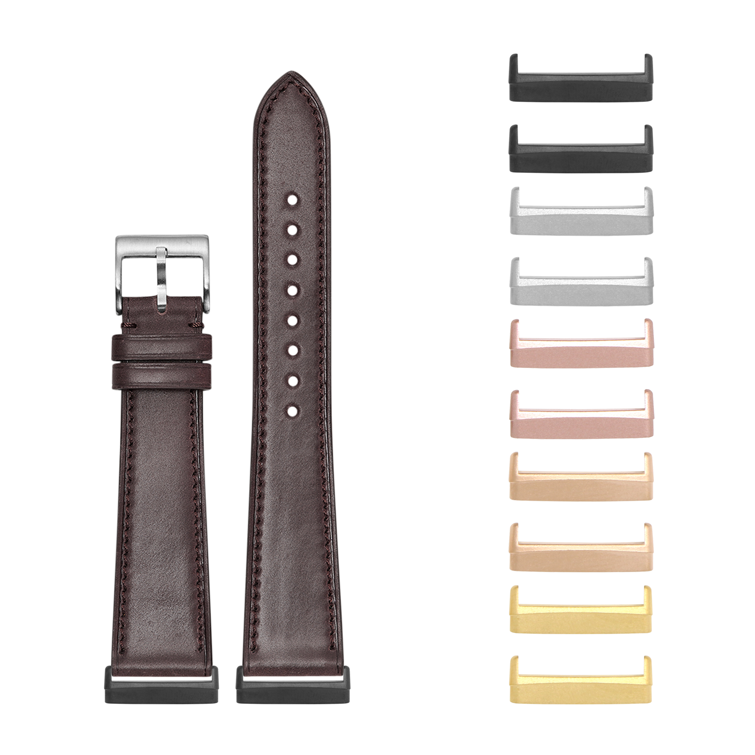 Brown leather watch band with silver buckle and interchangeable metal lugs in multiple finishes for Fitbit Versa and Sense smartwatches