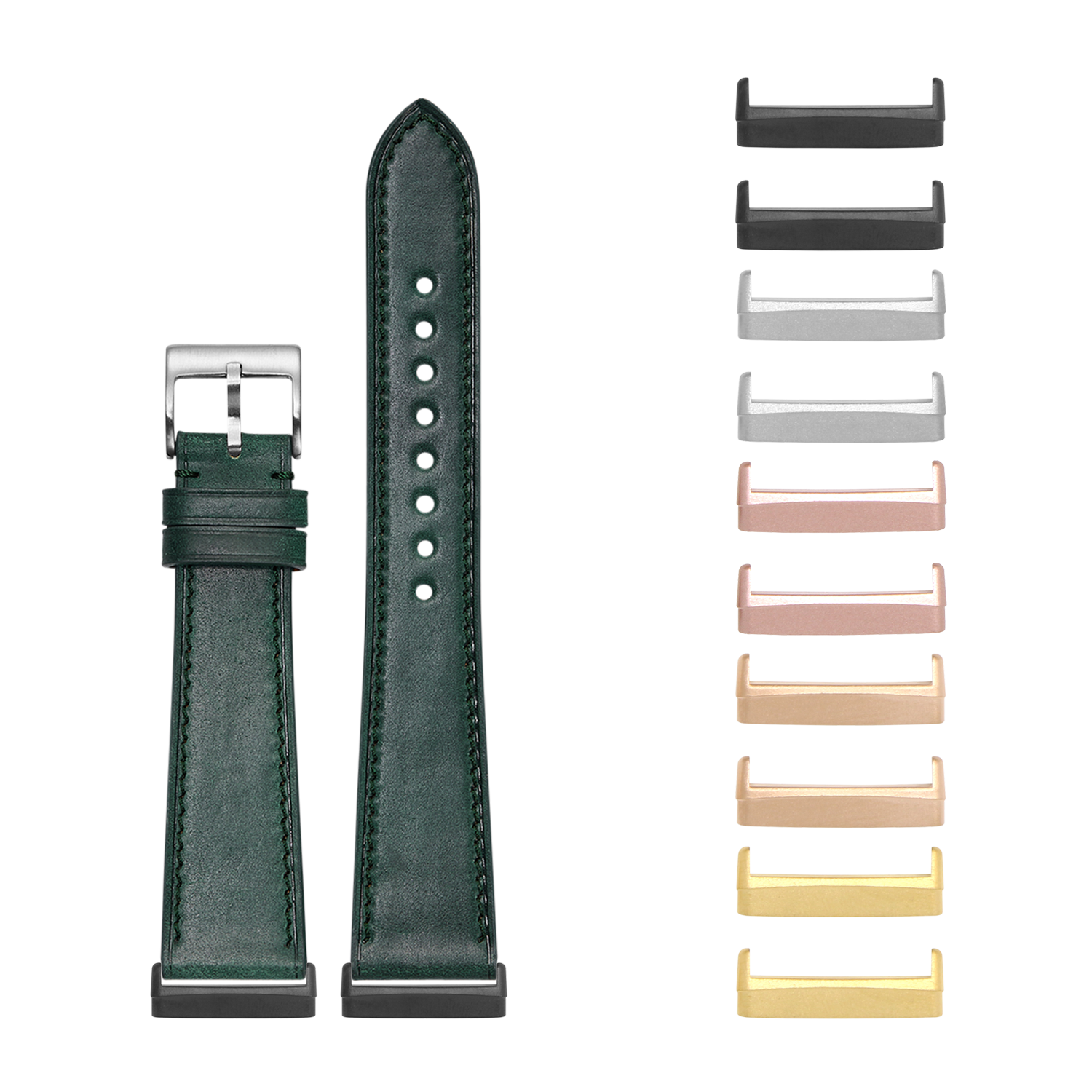 Green leather watch band with silver buckle and interchangeable metal lugs in multiple finishes