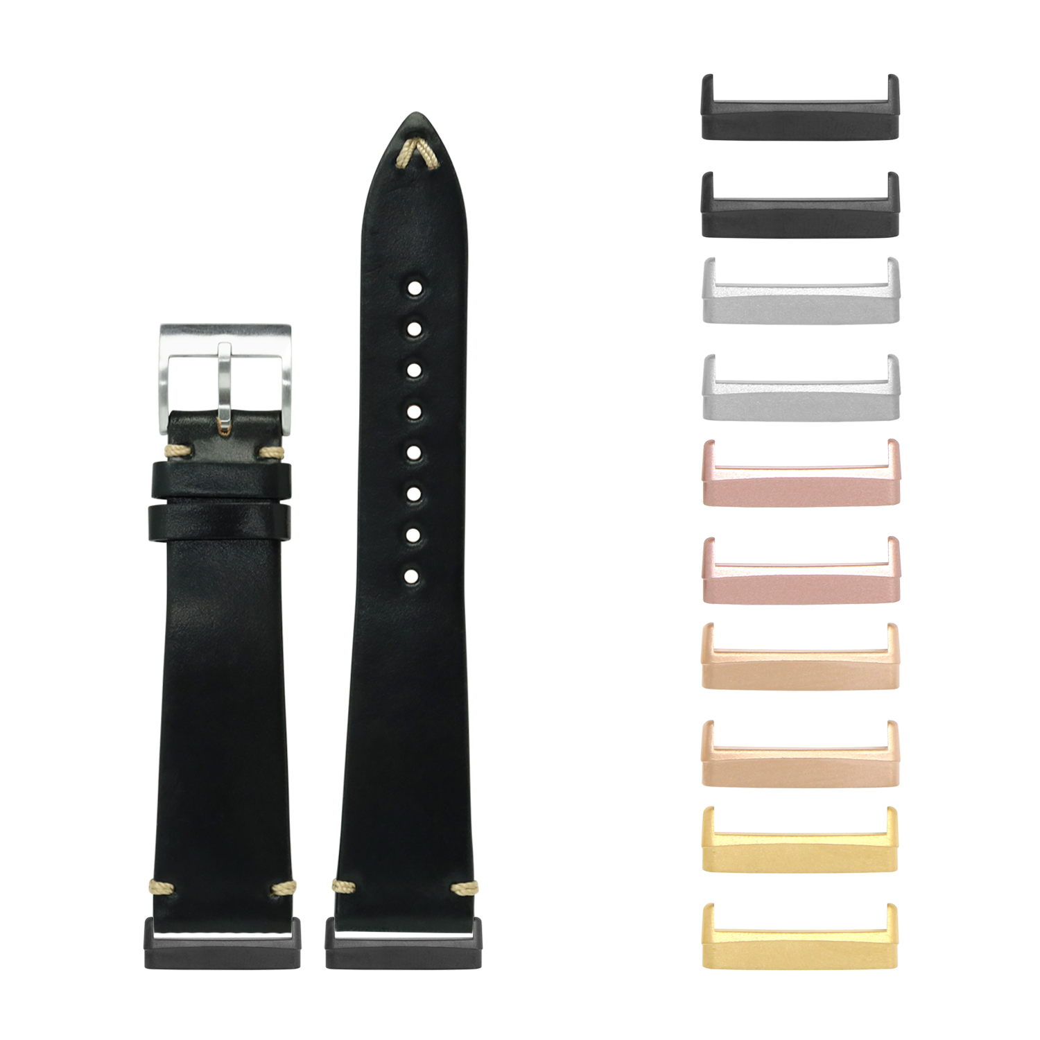 Black leather watch band with silver buckle and interchangeable metal lugs in multiple finishes