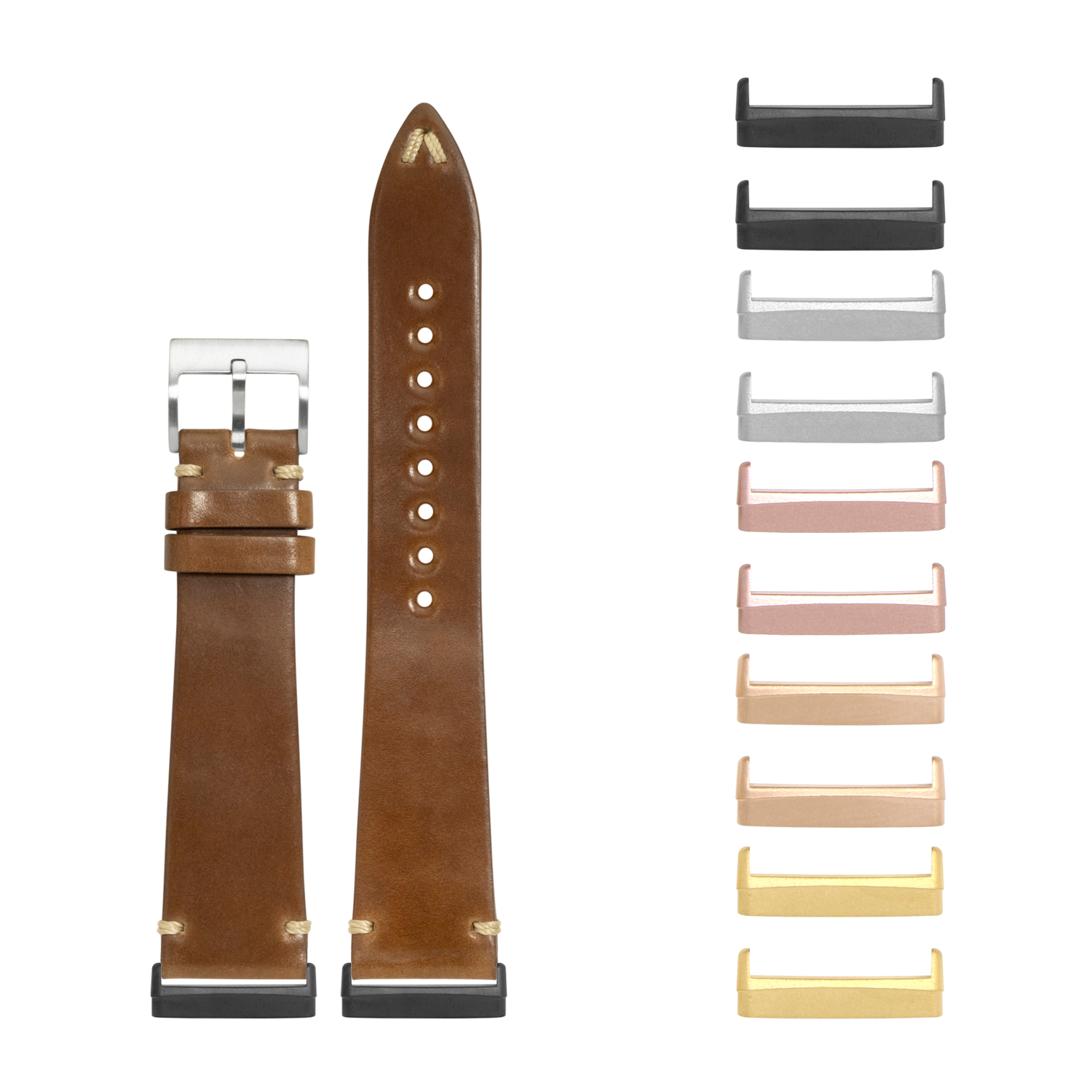 Brown leather watch band with interchangeable metal case adapters in multiple finishes for Fitbit Versa and Sense smartwatches