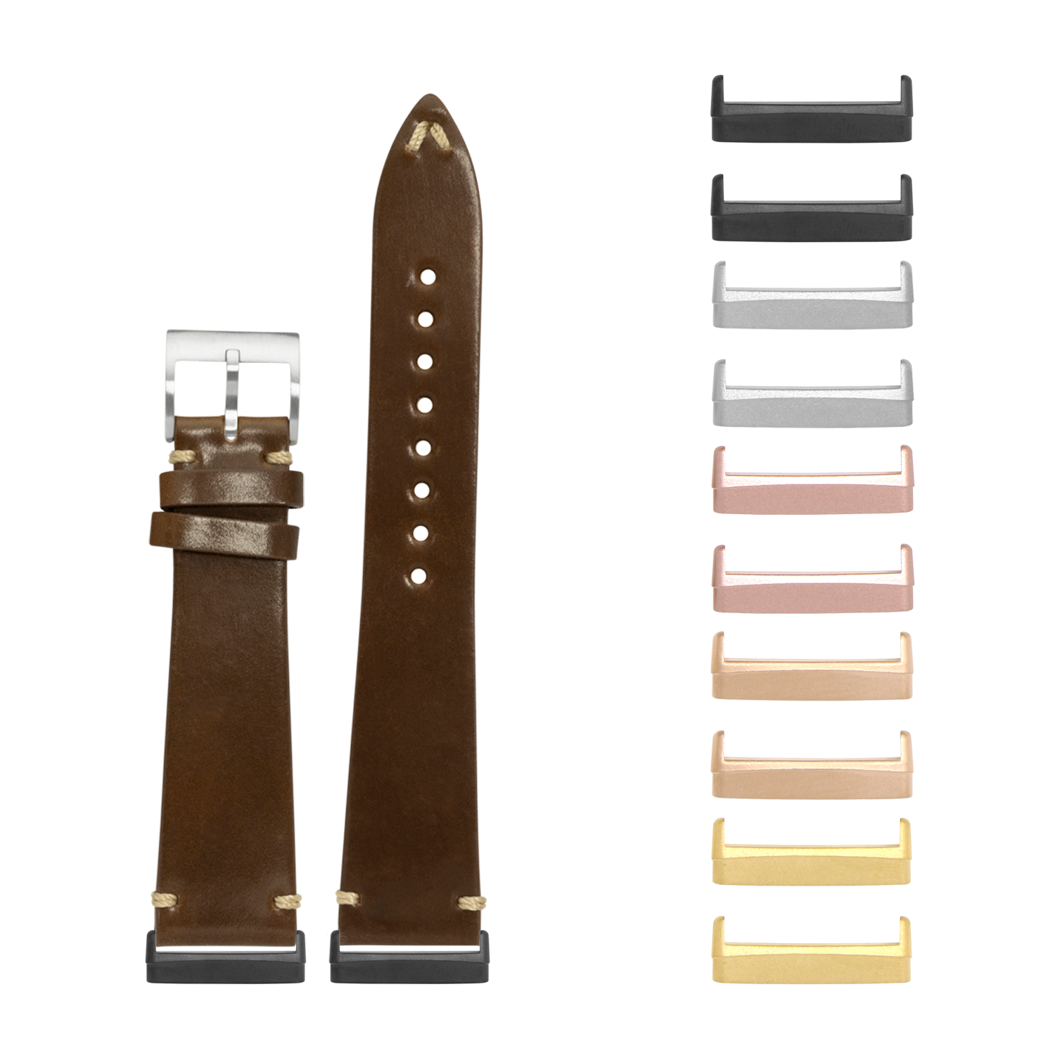 Brown leather watch band with silver buckle and interchangeable metal lugs in multiple finishes