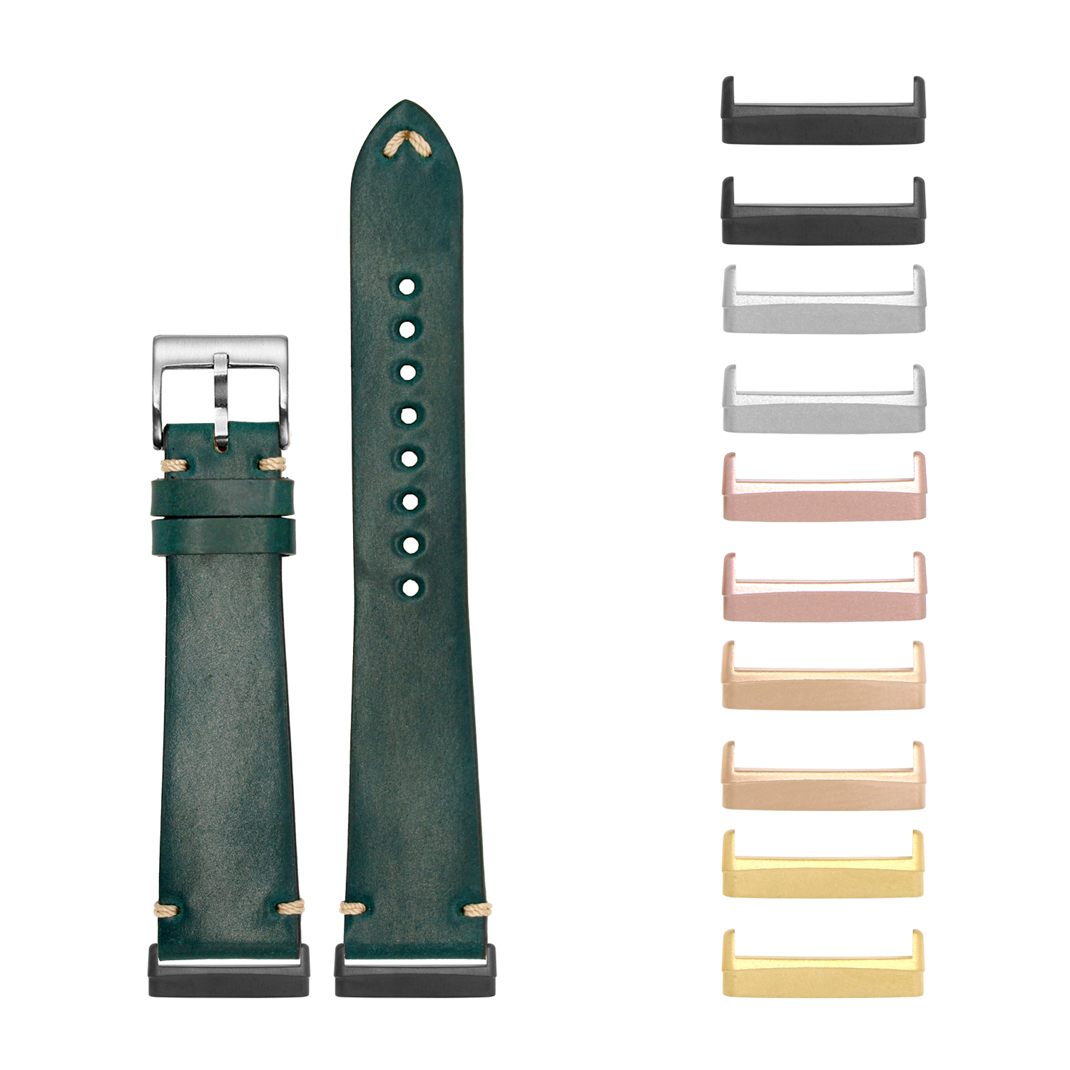 Green leather watch band with gold hardware and interchangeable metal lugs in multiple finishes
