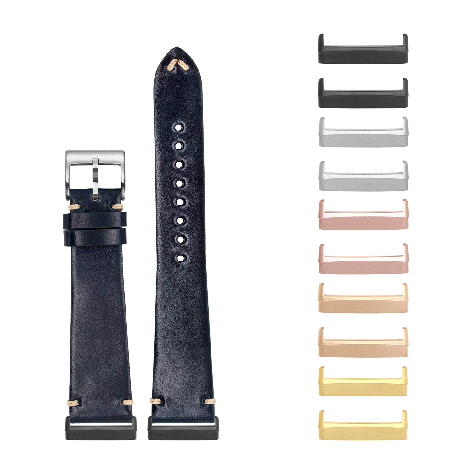 Navy blue Horween Shell Cordovan leather watch band with silver buckle and interchangeable metal lugs in multiple finishes for Fitbit Versa and Sense smartwatches