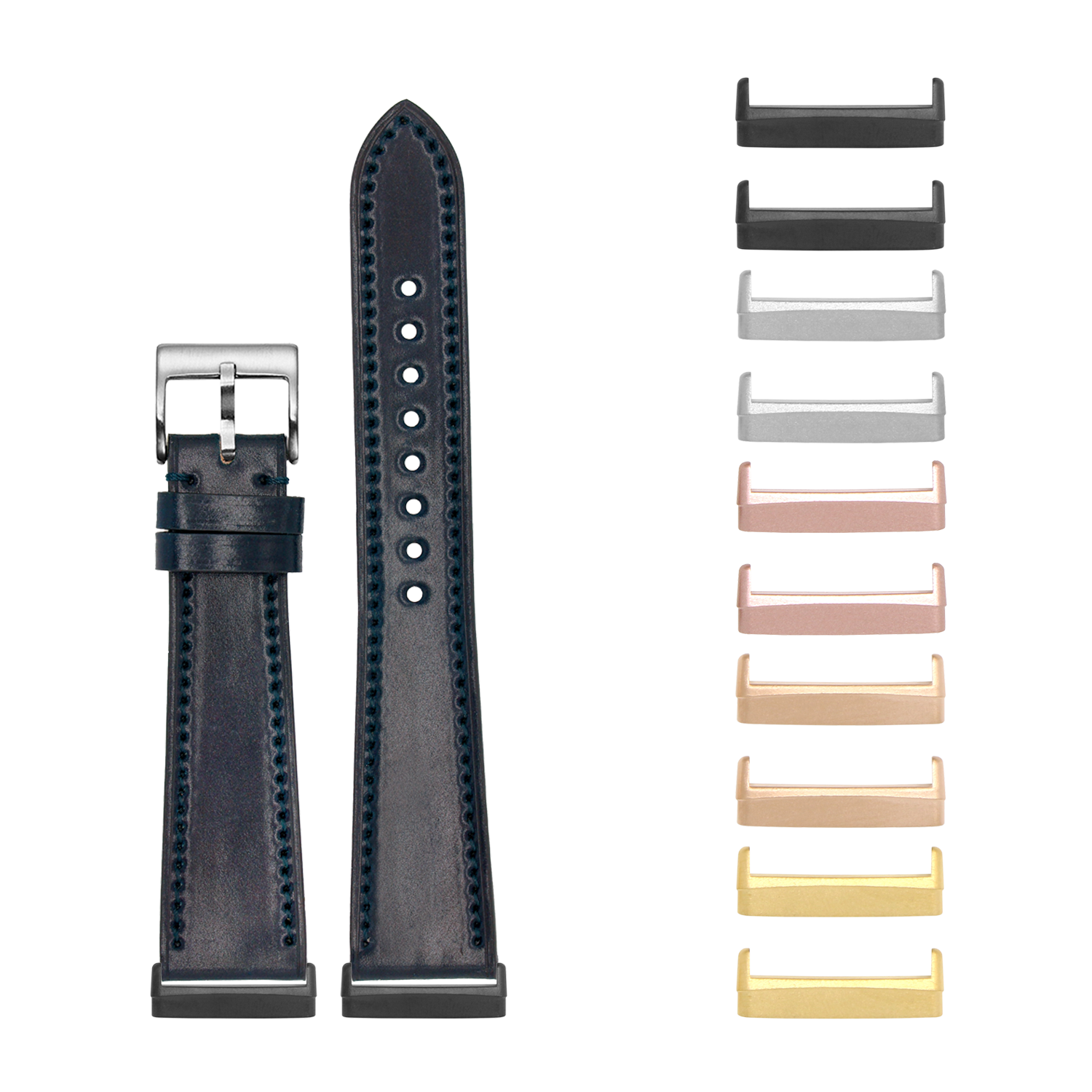 Navy blue Horween Shell Cordovan watch band with silver buckle and interchangeable metal lugs in multiple finishes for Fitbit Versa and Sense smartwatches