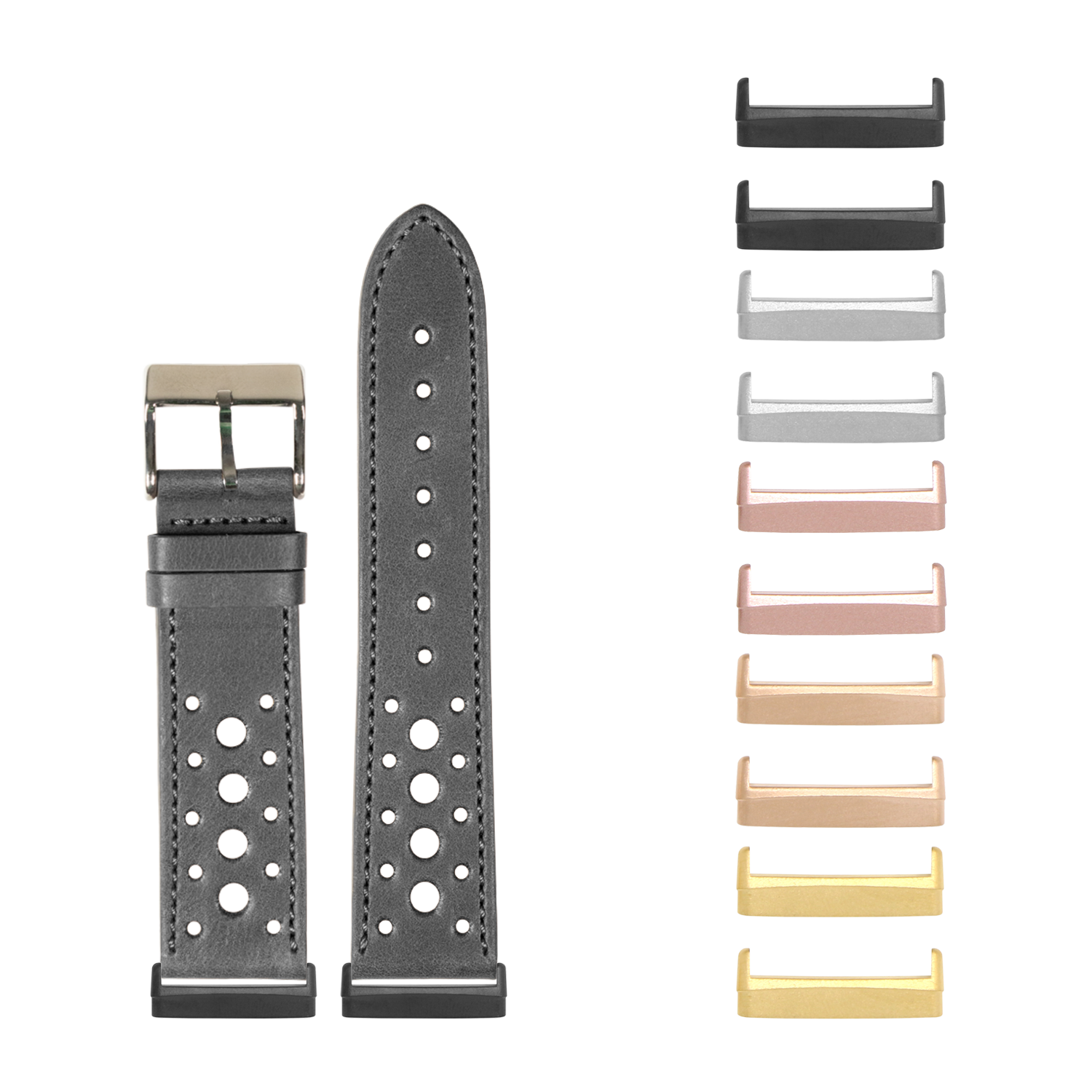Charcoal leather perforated watch band with matching buckle and interchangeable metal lugs in multiple finishes for Fitbit Versa and Sense