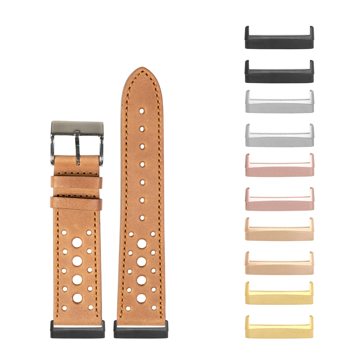 Tan perforated leather watch band with stainless steel buckle and interchangeable metal bezels in multiple finishes for Fitbit Versa and Sense smartwatches