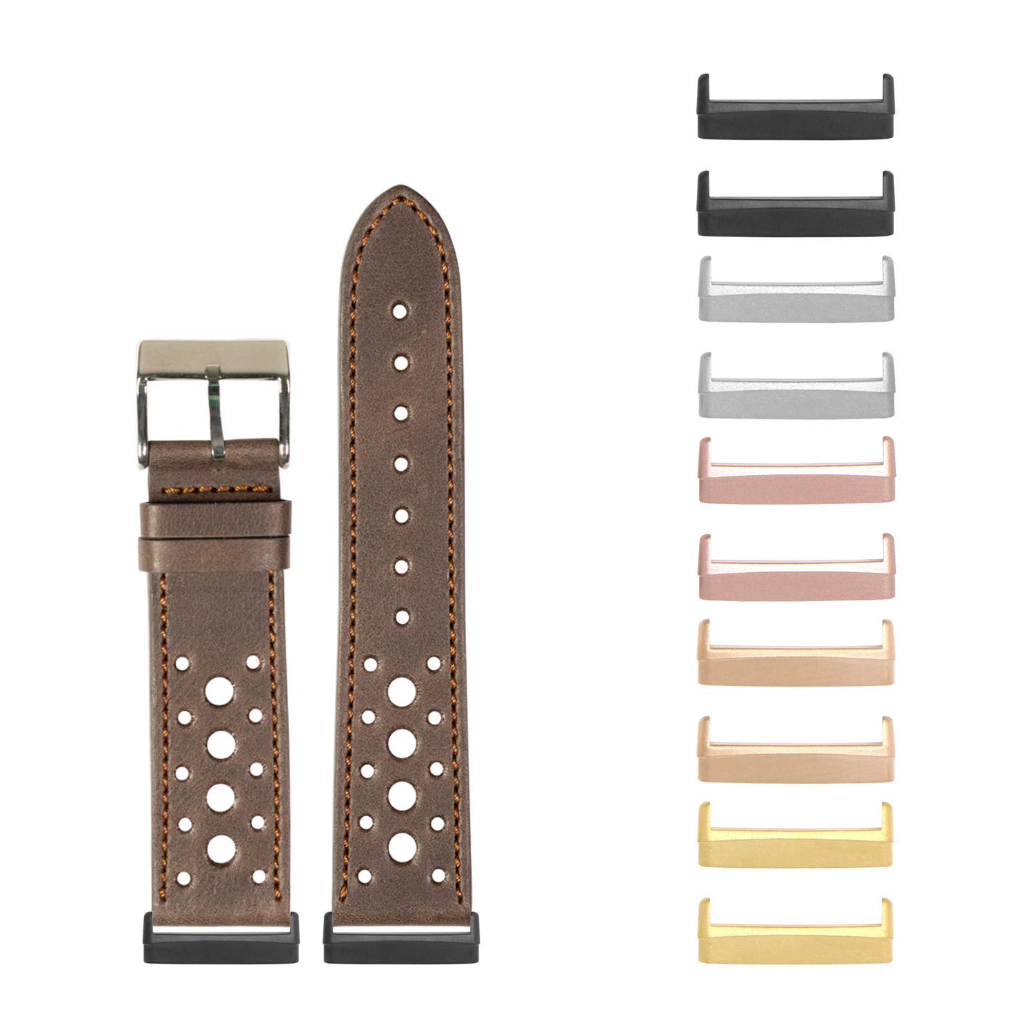 Brown perforated leather watch band with stainless steel buckle and interchangeable metal case adapters in multiple finishes for Fitbit Versa and Sense