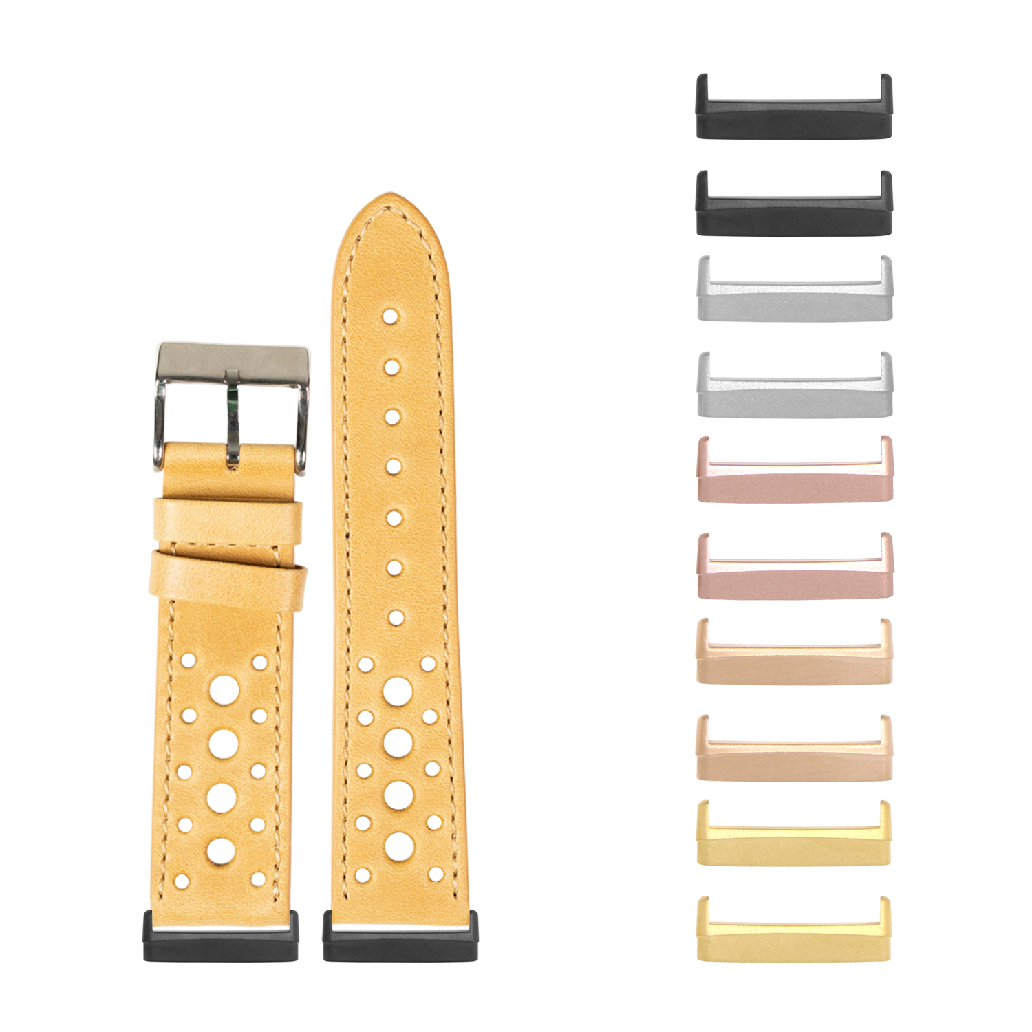 Golden brown perforated leather Fitbit watch band with interchangeable metal adapters in multiple color options