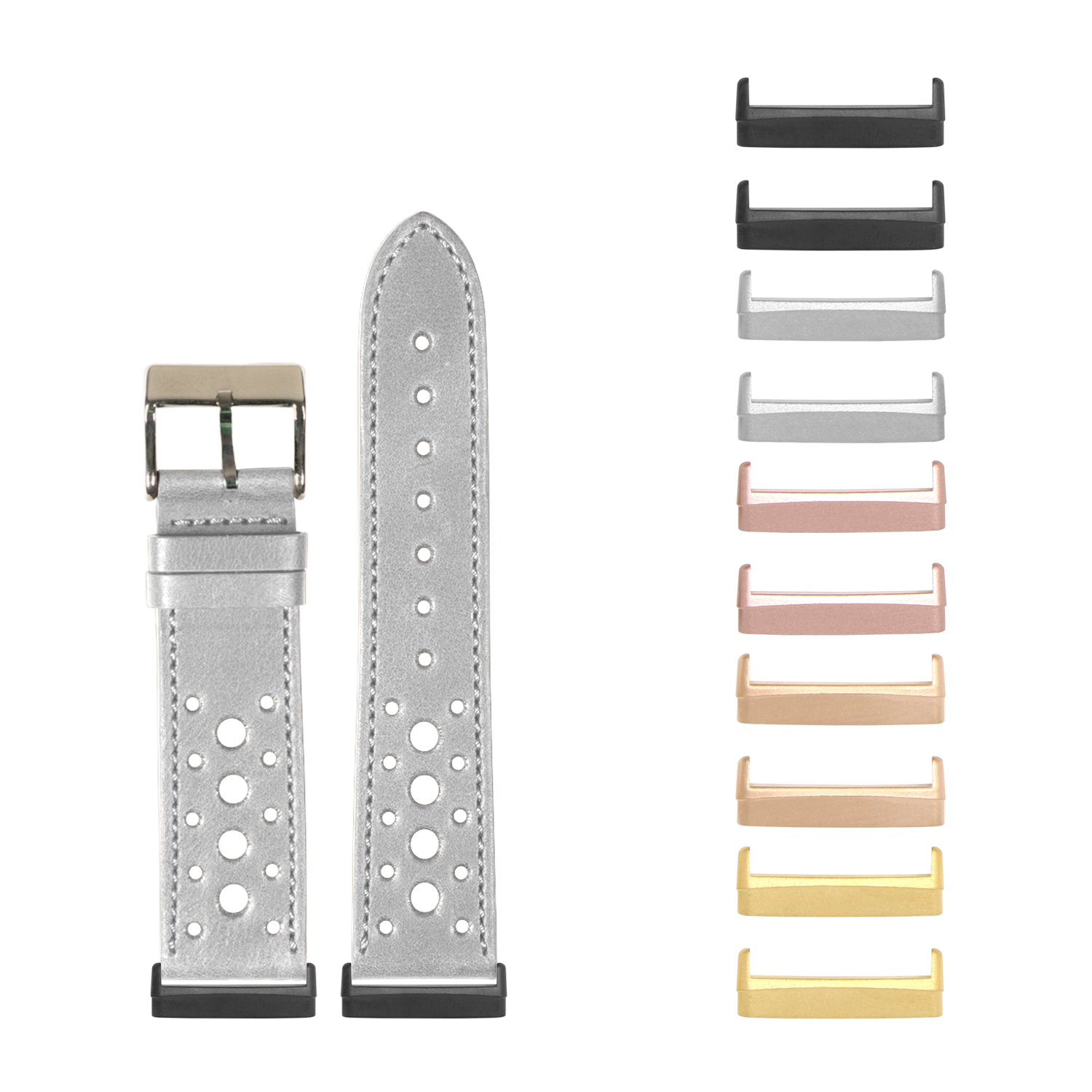 Grey leather perforated watch band with interchangeable metal lugs in multiple finishes for Fitbit Versa and Sense smartwatches