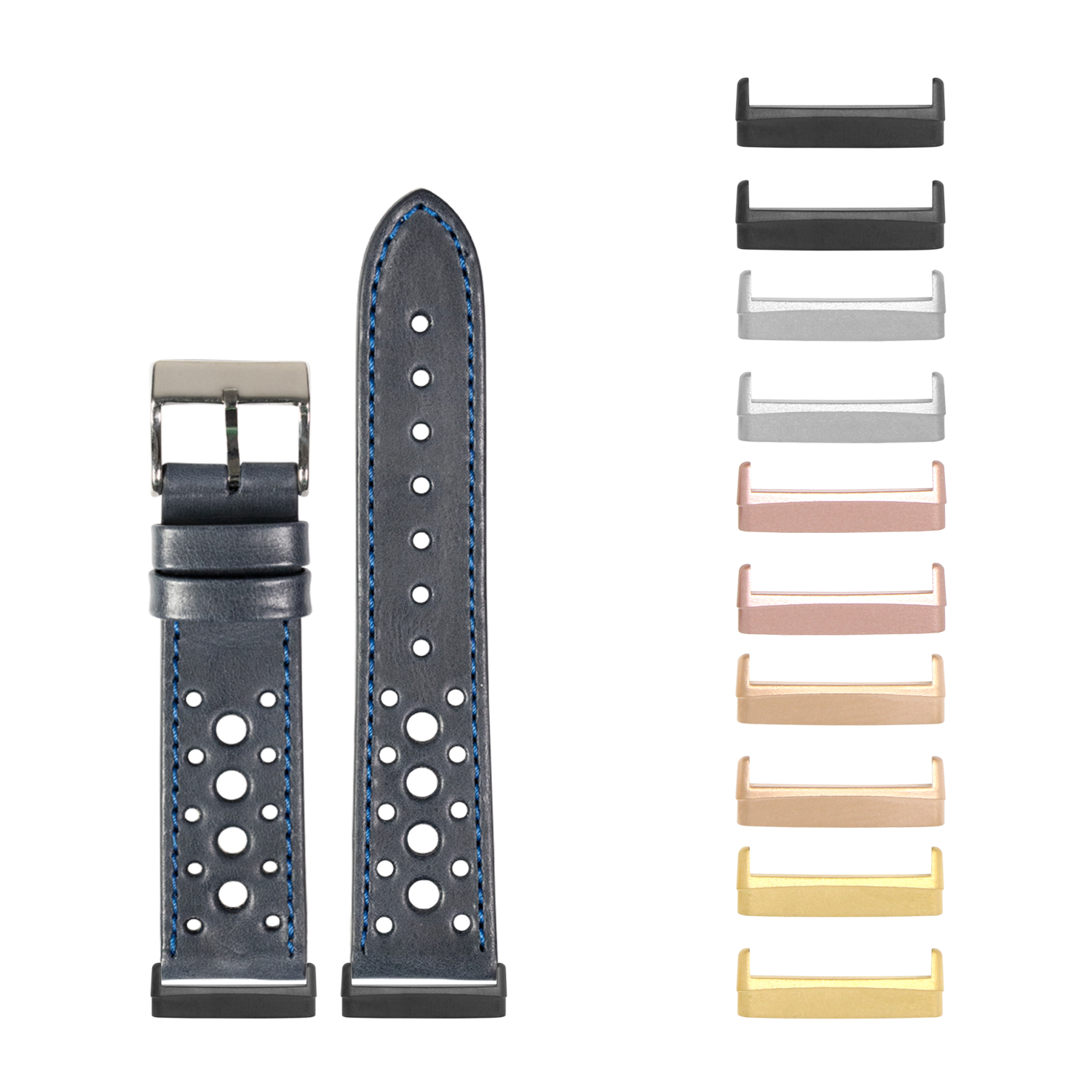 Black leather perforated watch band with blue stitching and interchangeable metal lugs in multiple finishes for Fitbit Versa and Sense