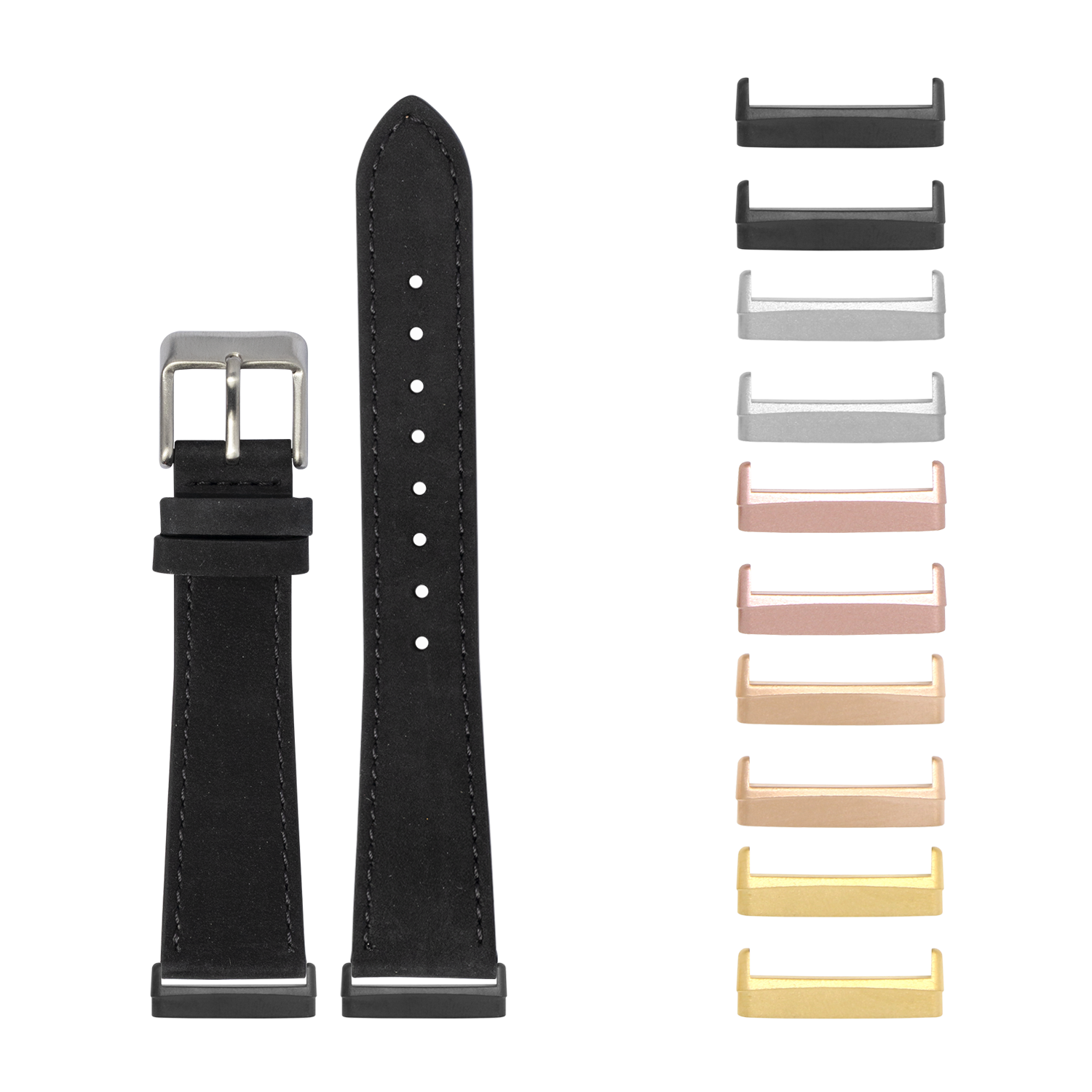 Black nubuck leather watch band with silver buckle and interchangeable metal lugs in multiple colors for Fitbit Versa 3 4 Sense