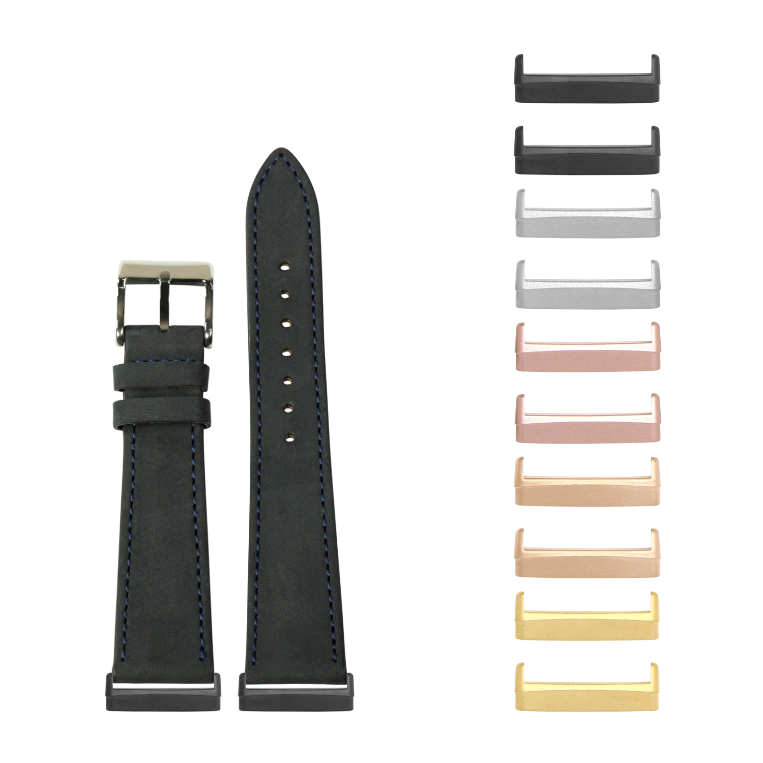 Black nubuck leather watch band with navy blue stitching and interchangeable metal lugs in multiple finishes for Fitbit Versa and Sense