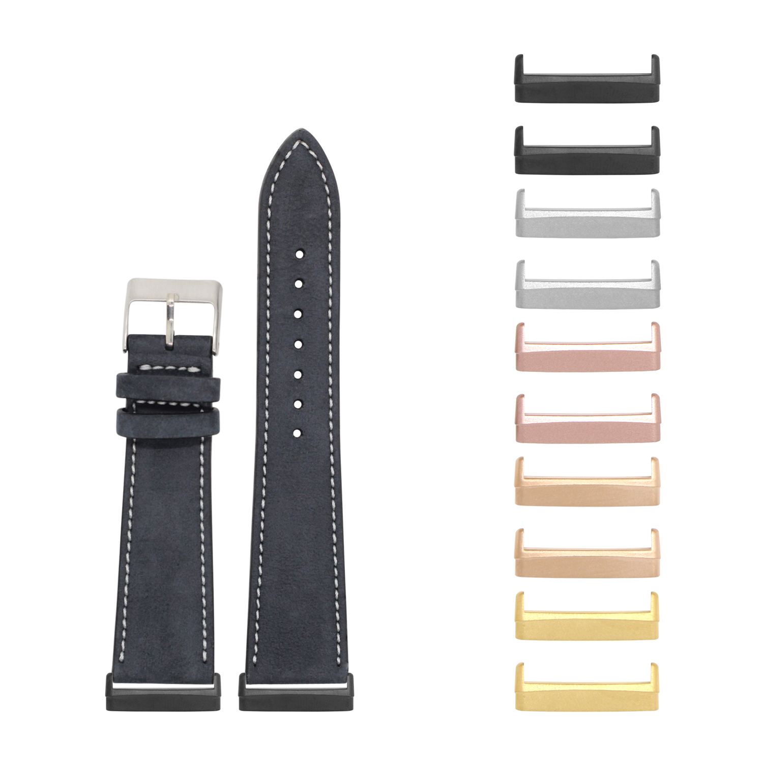Black nubuck leather watch band with white stitching and interchangeable metal lugs in multiple finishes for Fitbit Versa and Sense