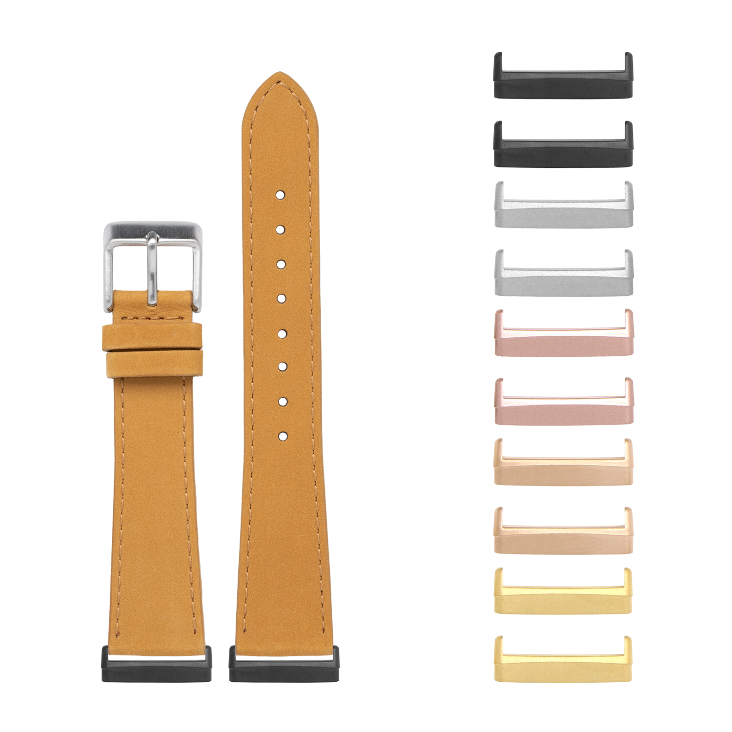 Tan nubuck leather smartwatch band with silver buckle and interchangeable metal case connectors in multiple finishes