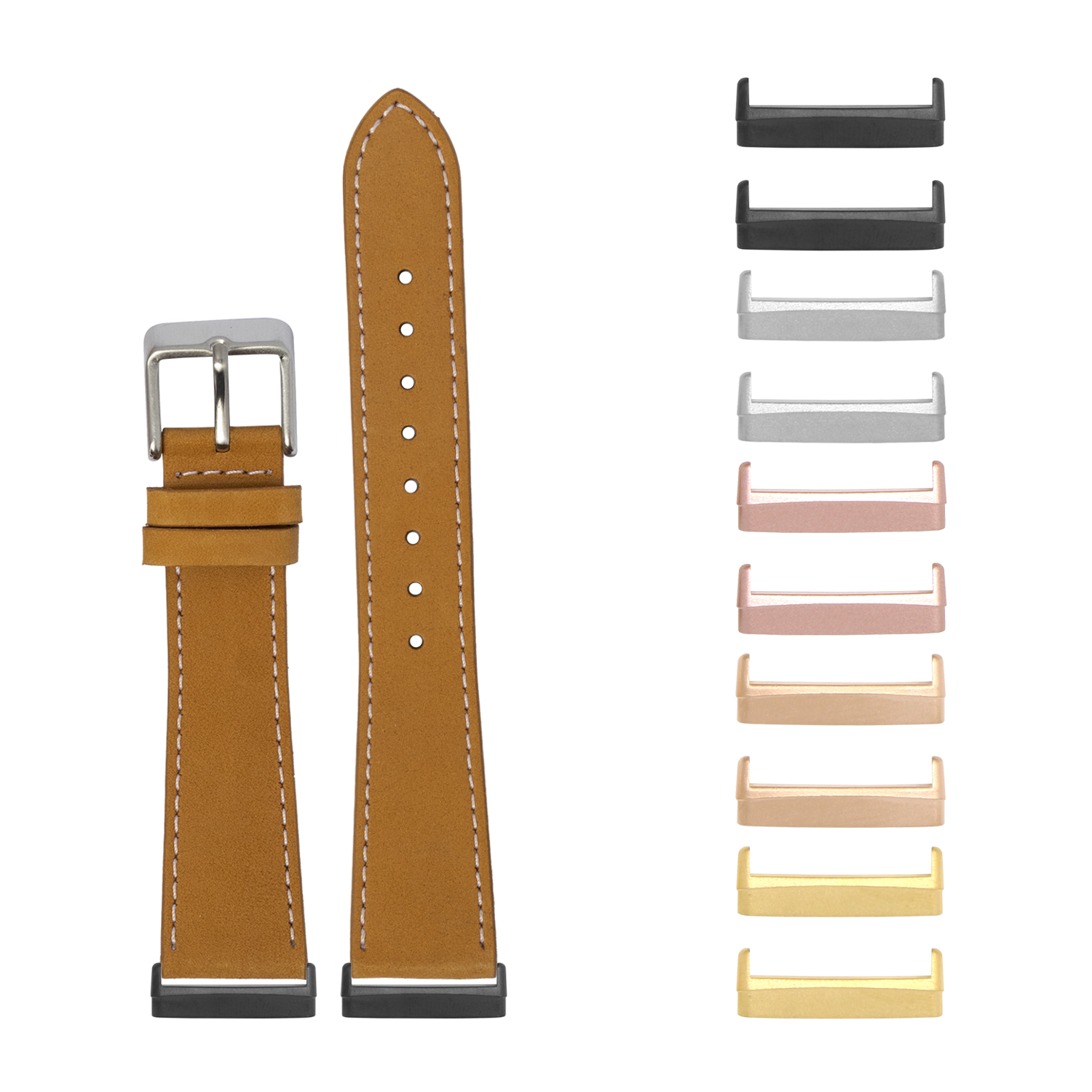 Brown nubuck leather watch band with white stitching and interchangeable metal connector lugs in multiple finishes for Fitbit Versa 3 4 and Sense
