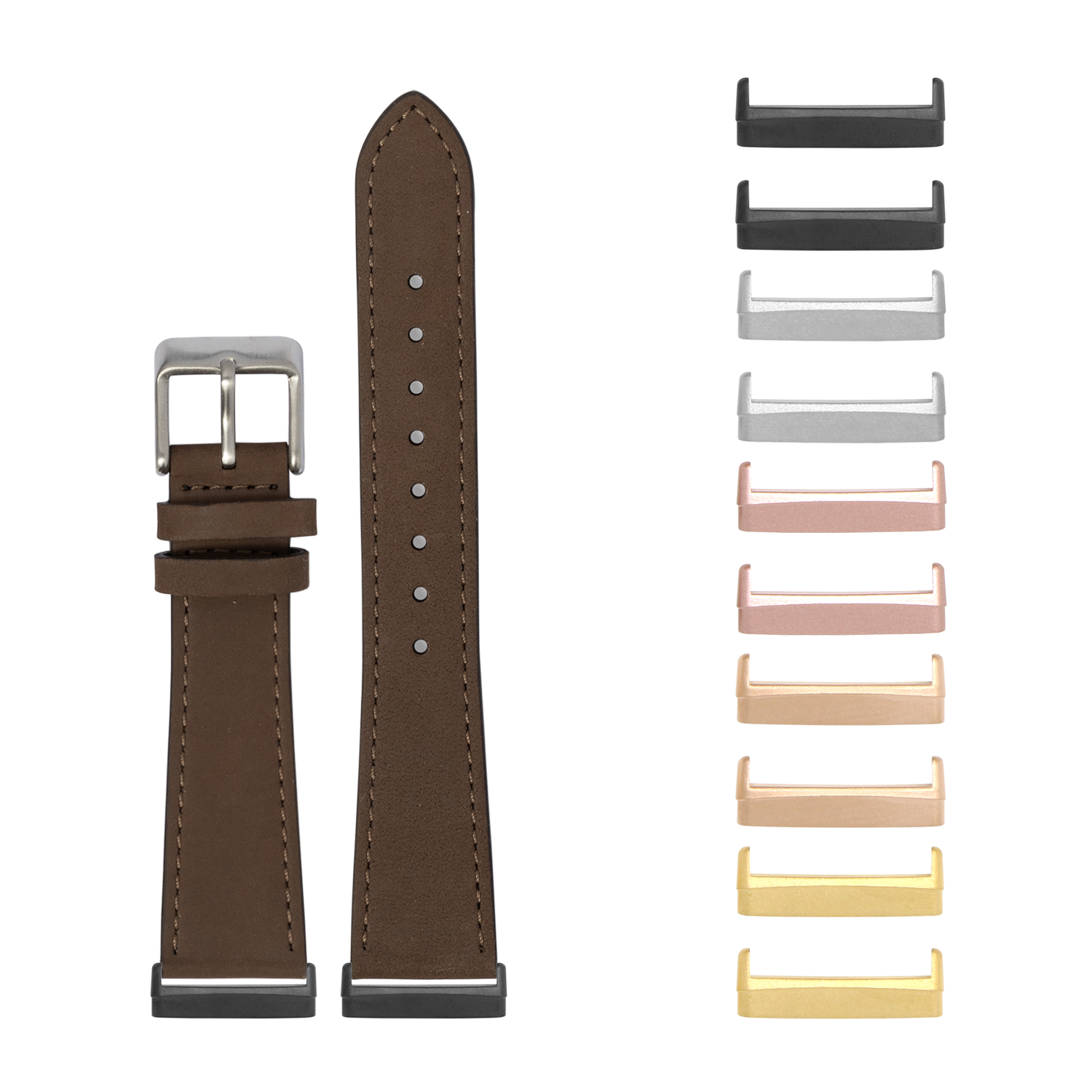 Brown nubuck leather watch band with silver buckle and interchangeable metal lugs in multiple finishes for Fitbit Versa and Sense smartwatches