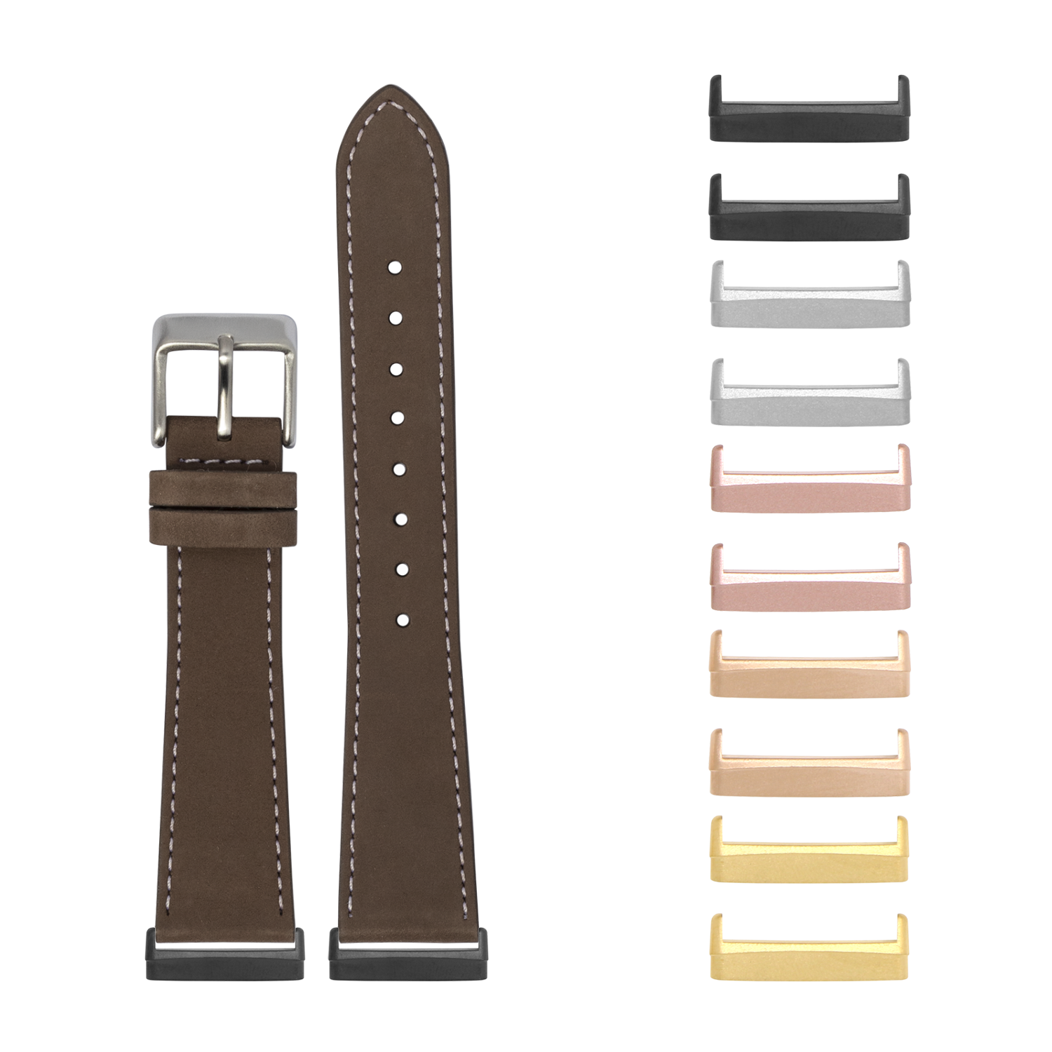 Brown nubuck leather smartwatch band with white stitching and interchangeable metal hardware in multiple finishes for Fitbit Versa and Sense